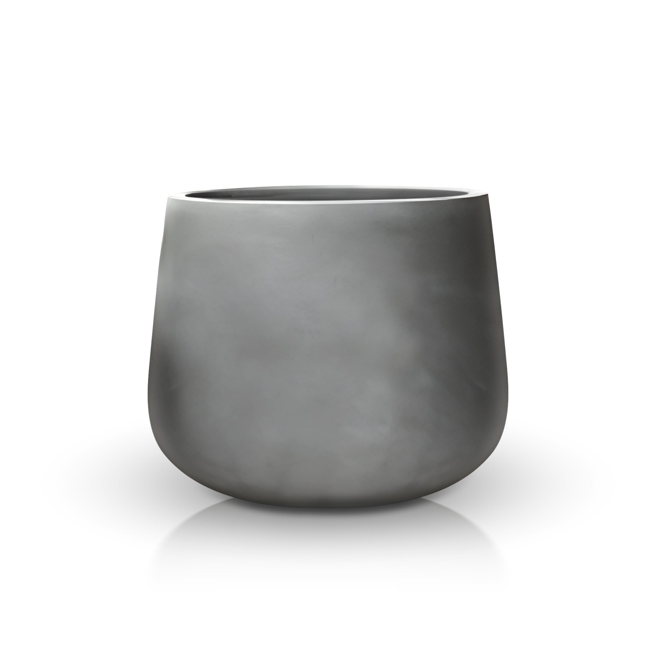The Fortezza Planter - Large by Landmark Decor is a modern gray ceramic piece with a smooth matte finish. Its minimalist rounded shape and small top opening evoke luxury and nature, making it perfect for handmade planters or custom trees against a white background.