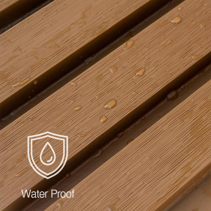 Close-up of Rosewood Exterior WPC Panel by Landmark Decor, showing brown grooved planks with water droplets and a weather resistant shield icon—perfect for exterior panels or outdoor wall decoration.
