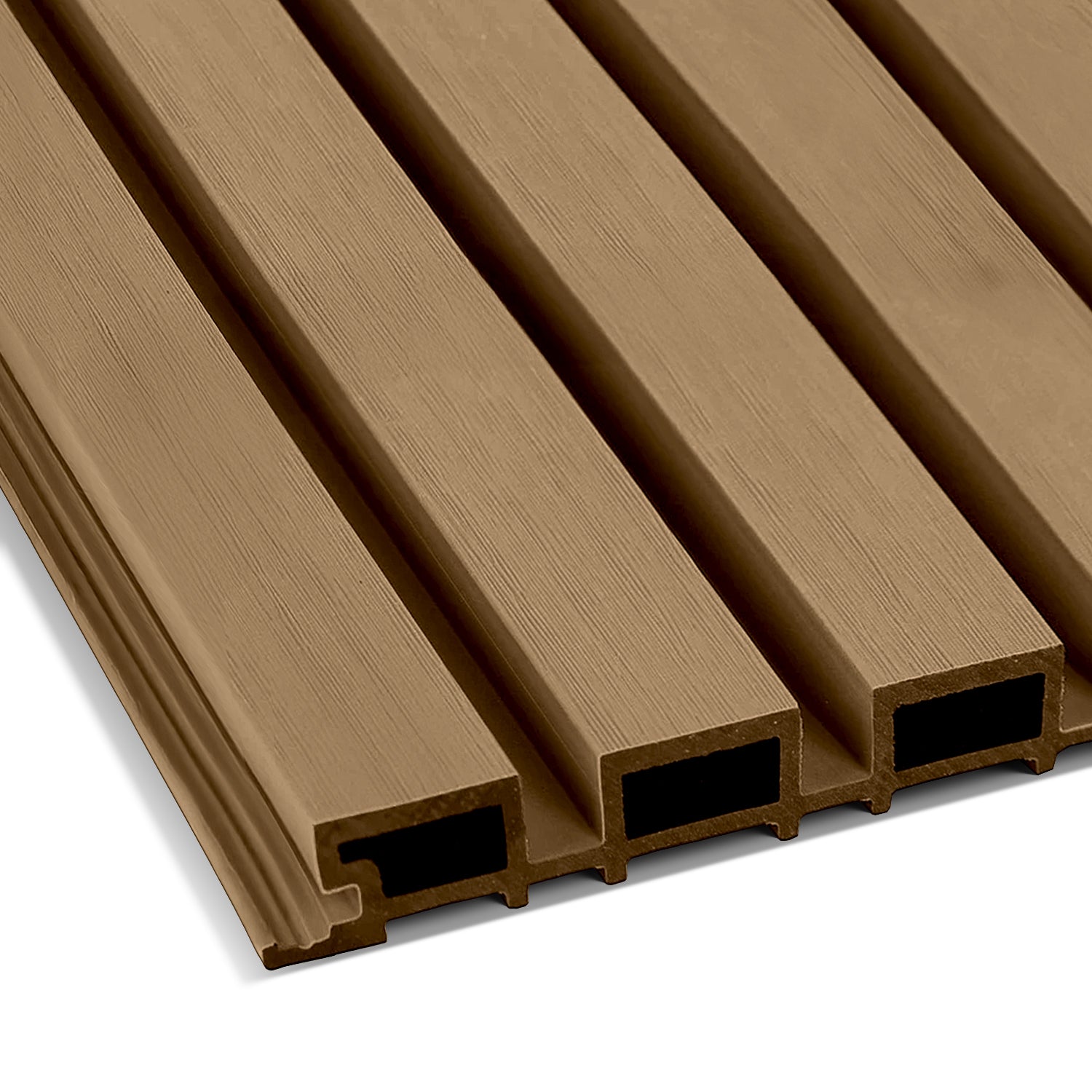 Landmark Decor’s Teak Color Exterior WPC Panel features a grooved surface and hollow core, shown angled—perfect for weather-resistant exterior panels or stylish outdoor wall decoration.