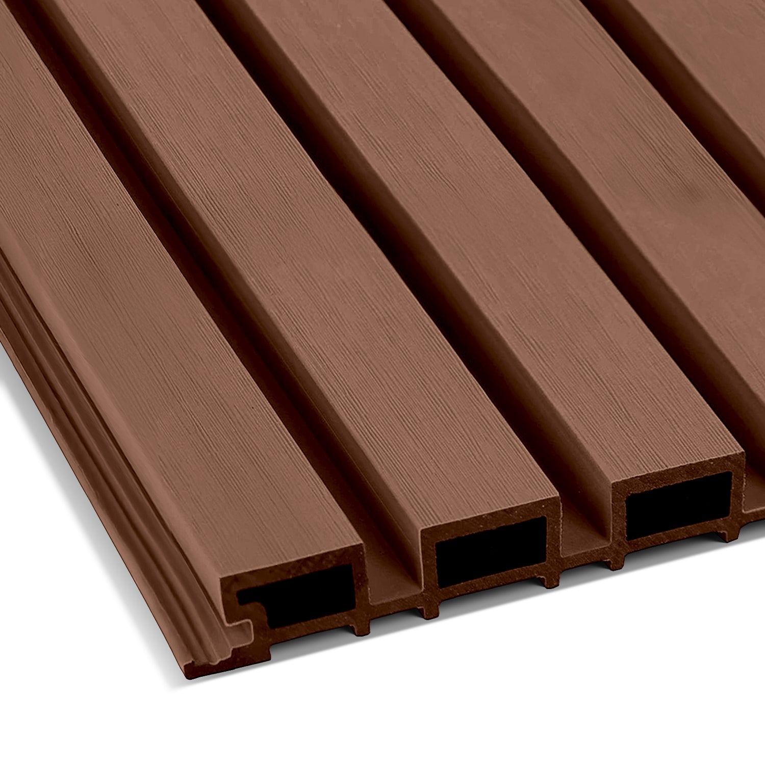 Landmark Decor's Redwood Exterior WPC Panel features four parallel grooves and hollow rectangular channels for weather-resistant use, shown close-up against a white background.