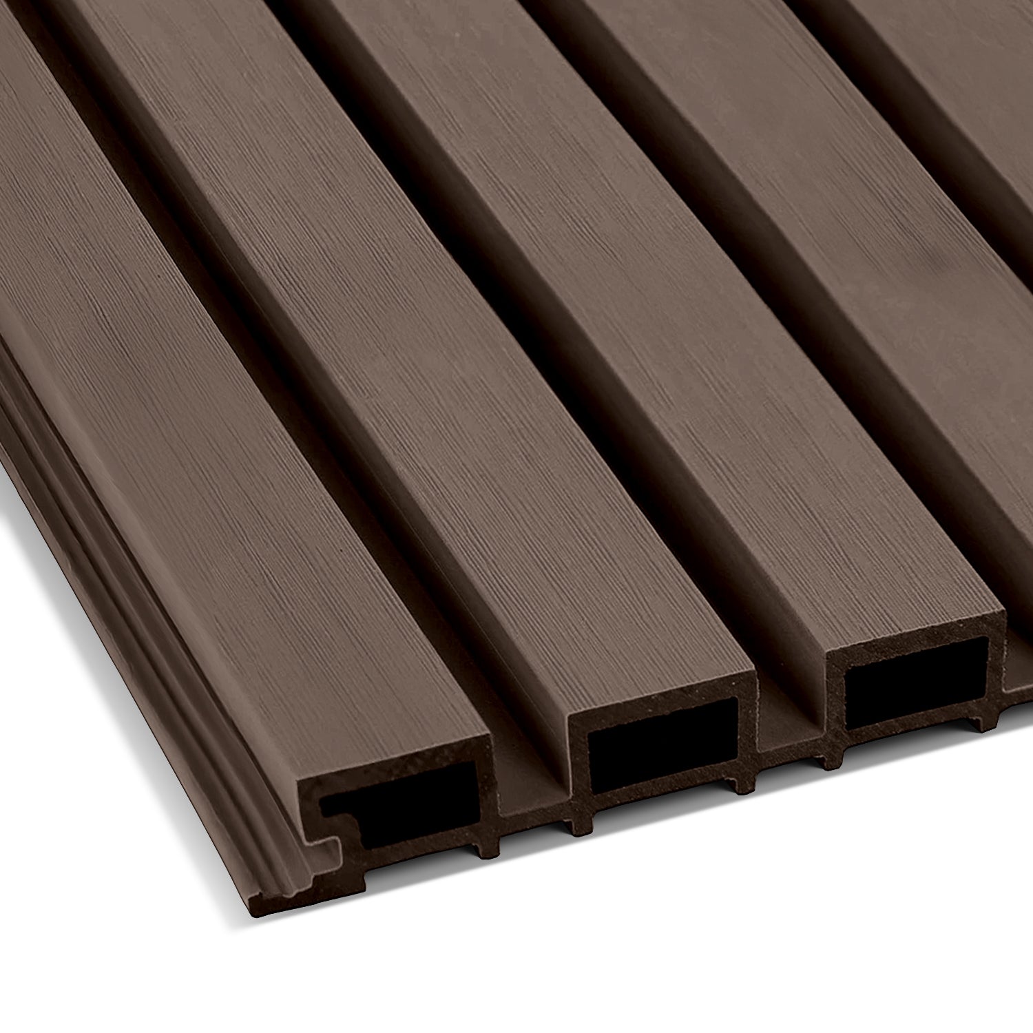 Close-up of Landmark Decor's Rosewood Exterior WPC Panel, featuring weather-resistant, grooved, hollow brown boards with a wood grain texture—perfect for outdoor wall decoration or exterior panels.
