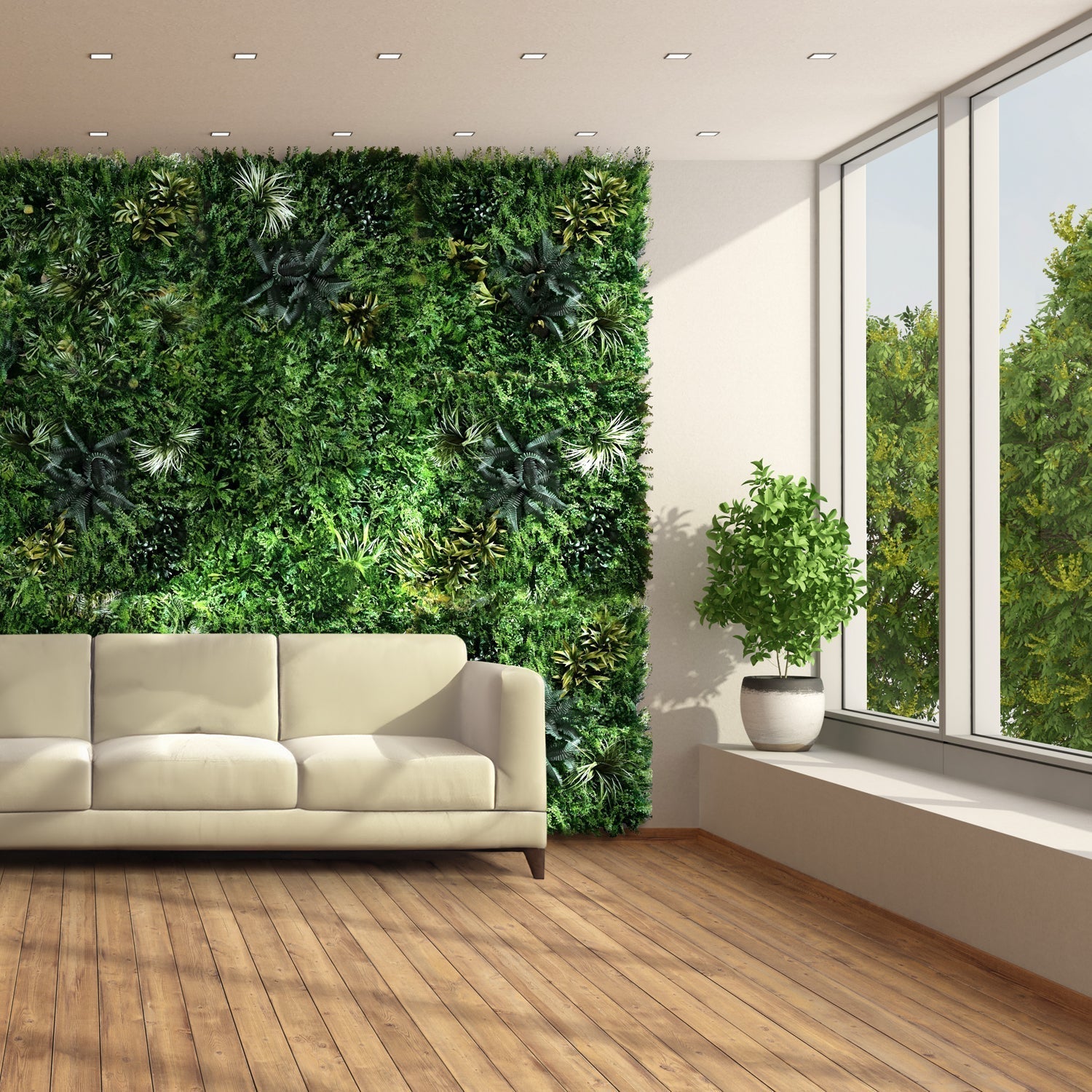 Create a modern living room with Landmark Decor’s Tropical Oasis Boston Fern Grass wall, paired with a beige sofa, potted plant, wooden flooring, and large windows for abundant natural light.