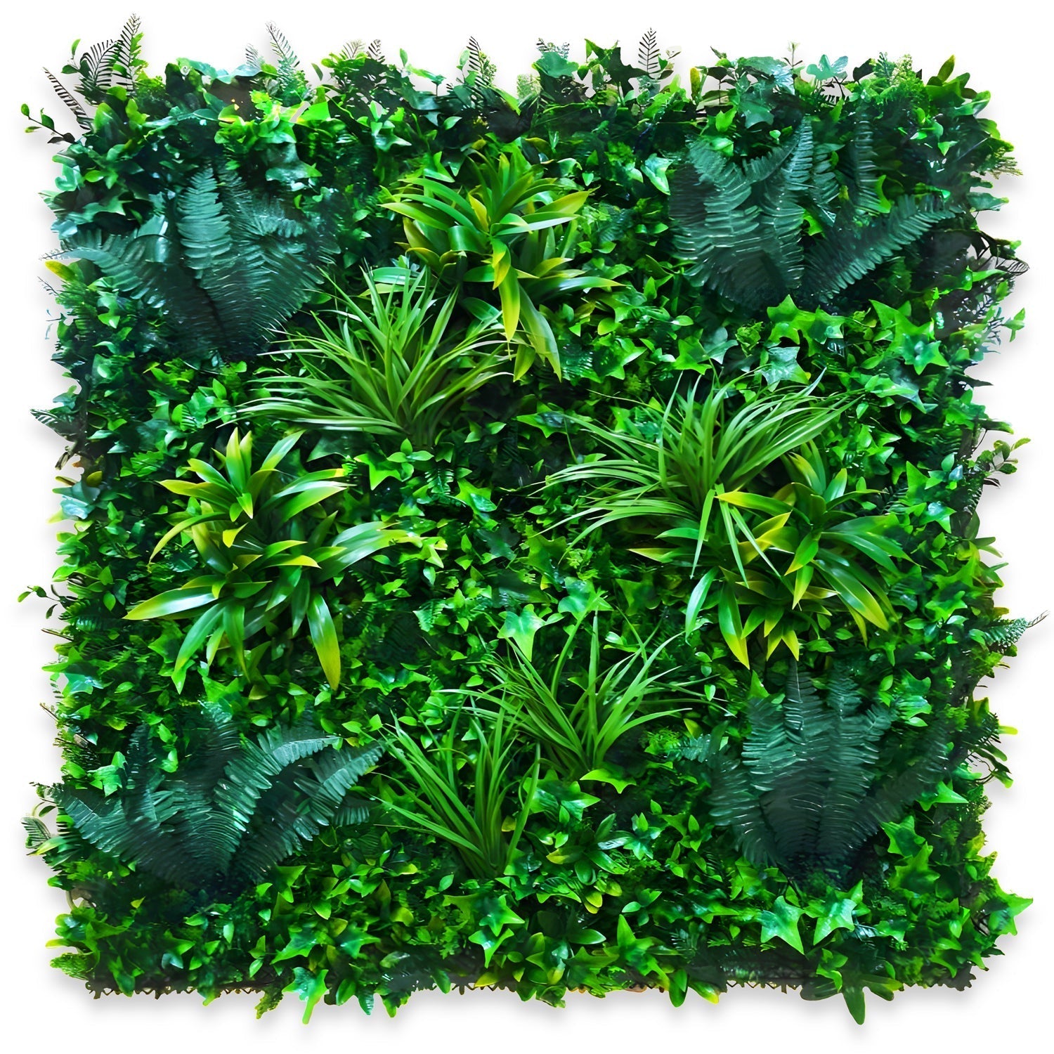 The Emerald Sanctuary by Landmark Decor is a rectangular vertical garden panel with a dense mix of lush ivy and vibrant grass foliage.