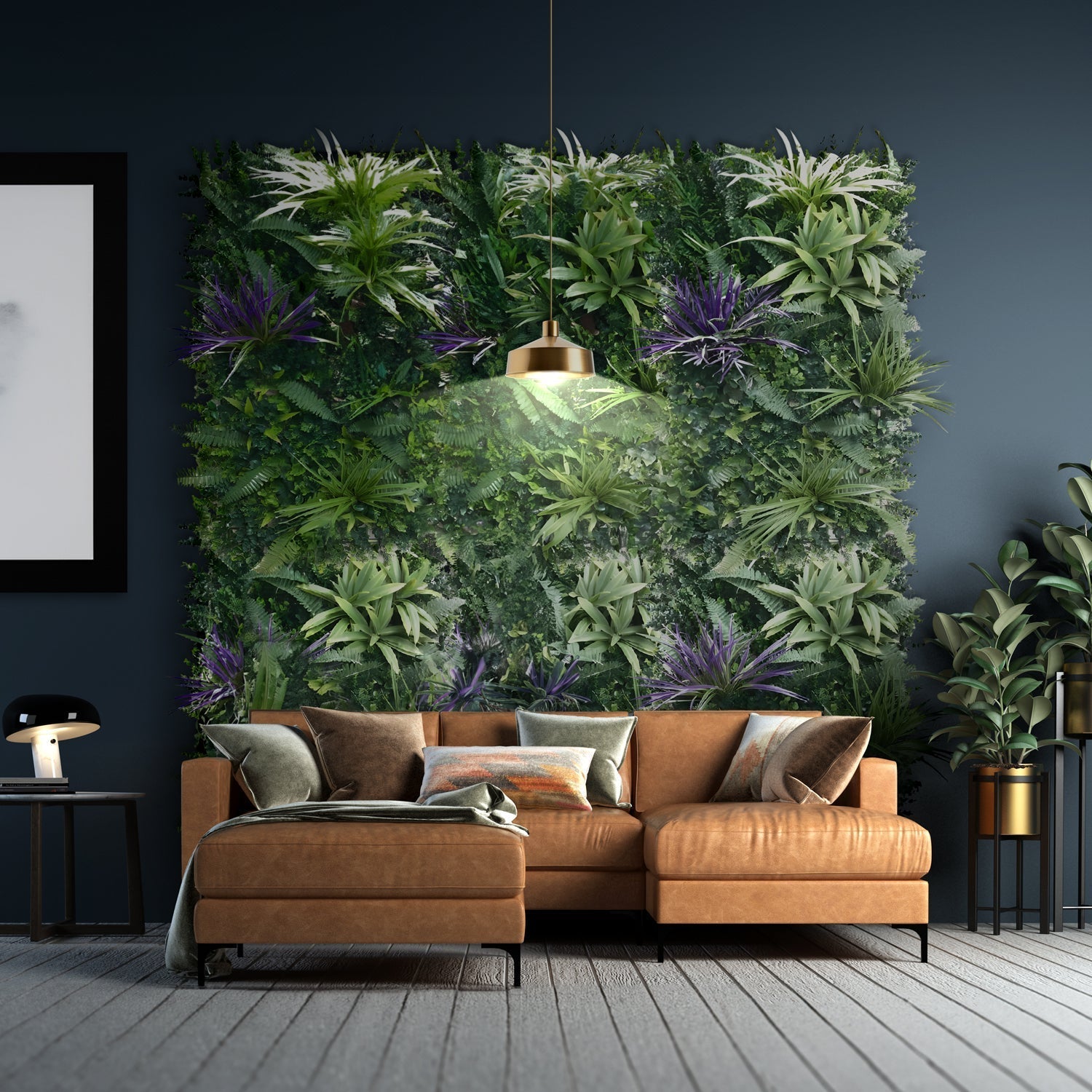 A modern living room featuring the Landmark Decor Amethyst Zen Greenery, a brown sectional sofa, dark walls, pendant lighting, and decorative accents.
