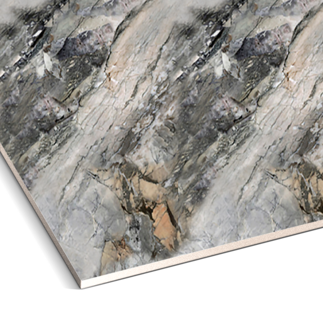 Close-up of Fossil Gray Marble Durable PVC Wall by Landmark Decor, featuring a polished gray, black, beige, and white marble pattern—perfect for modern decorative panels or wall coverings with a realistic natural stone look.