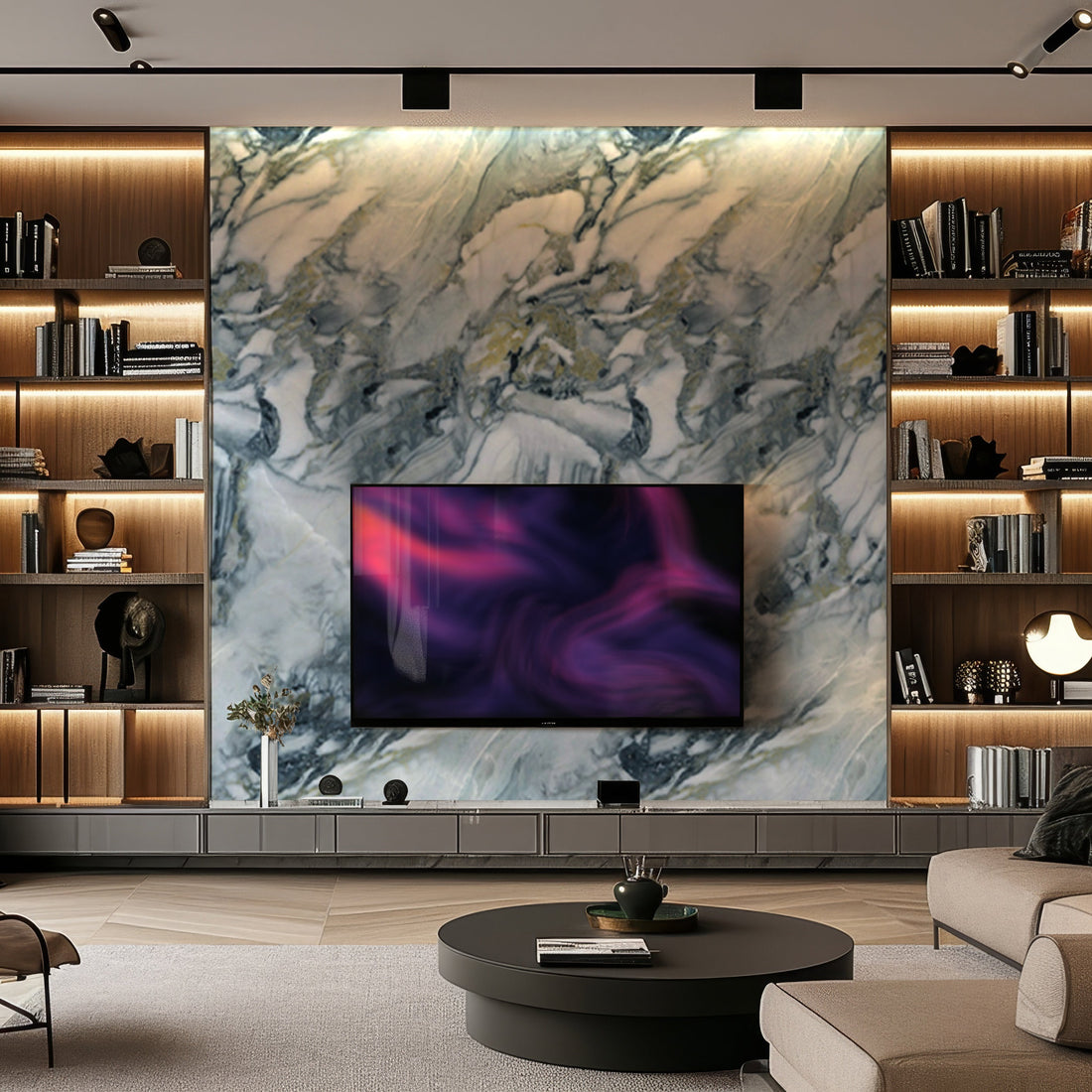 A modern living room highlights a Misty River Marble Durable PVC Wall accent by Landmark Decor, exuding luxury with a large TV centerpiece. Built-in wooden shelves filled with books and decor complement the design. A round coffee table and cream sofa complete this stylish setup.