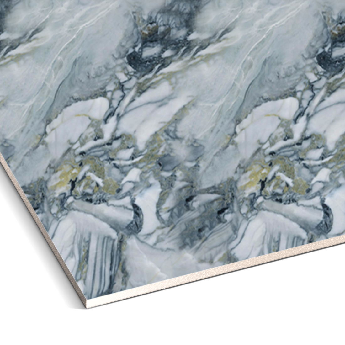 Close-up of a marble-patterned surface with swirling gray, white, and hints of gold, creating a luxurious aesthetic reminiscent of Landmark Decors Misty River Marble Durable PVC Wall panels.