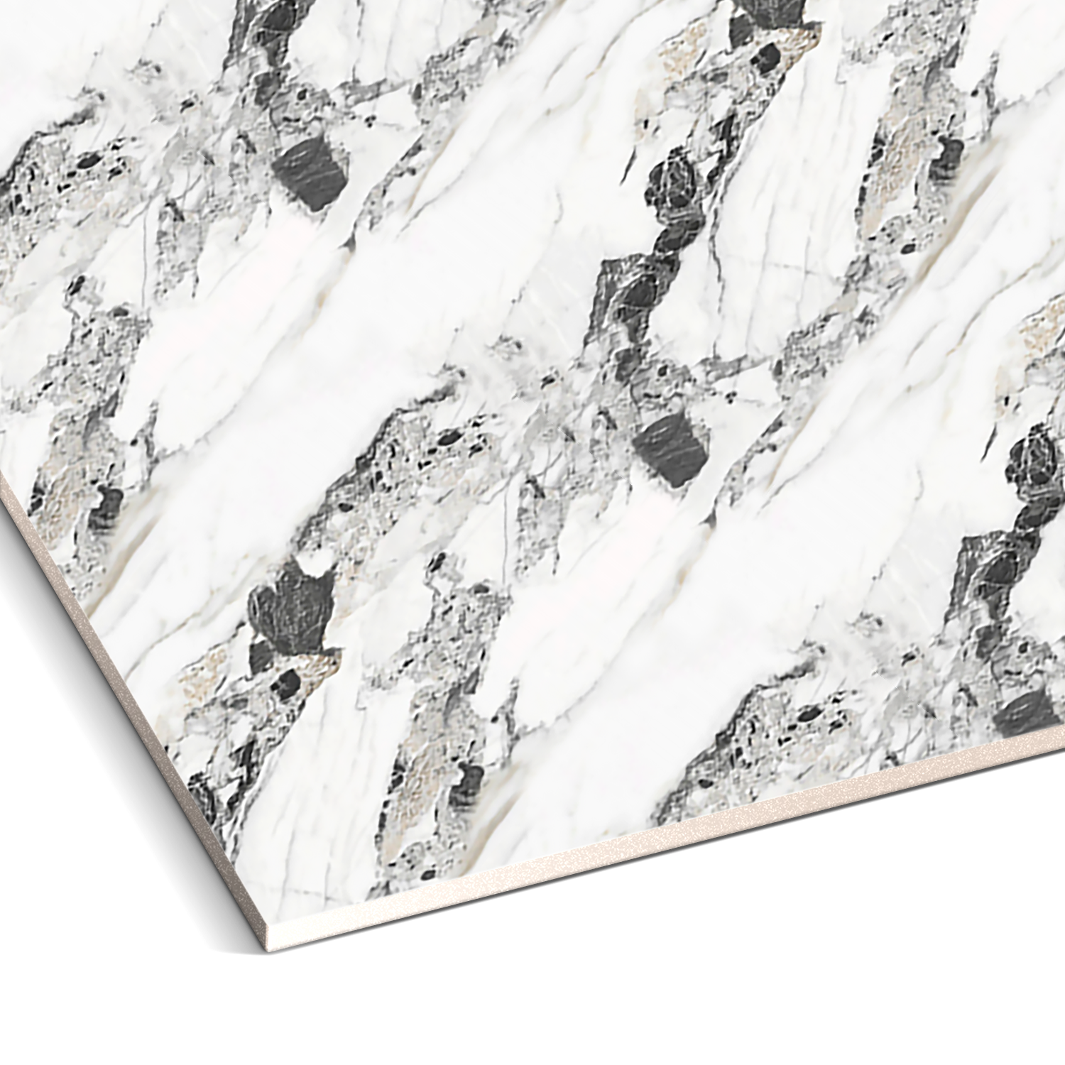 A close-up of Landmark Decor's Crystal Cliff Marble Durable PVC Wall, a rectangular slab featuring a white base with gray and black veining—ideal for decorative panels or PVC marble wall panels.