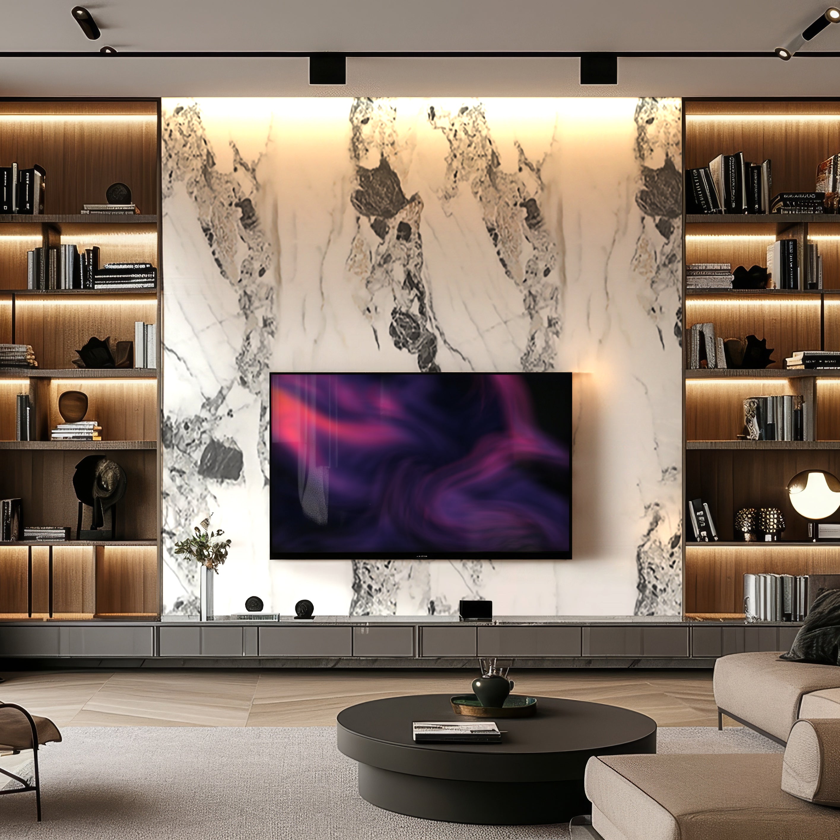 Modern living room with built-in bookshelves, a flat-screen TV above a low media console, and a marble accent wall finished in Landmark Decor's Crystal Cliff Marble Durable PVC Wall panels; a round coffee table sits in front.