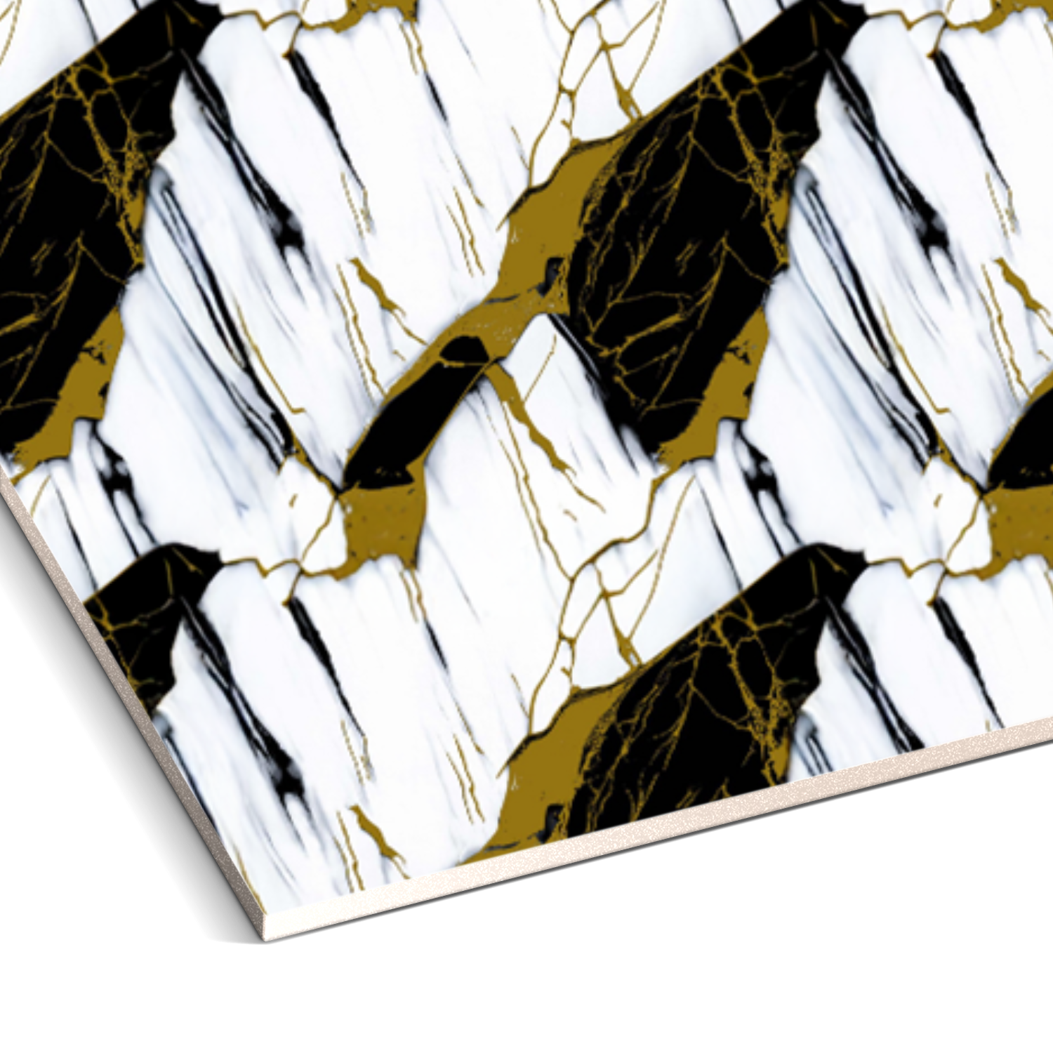 The Oblique Noir Marble Durable PVC Wall from Landmark Decor features diagonal black, white, and gold marble-like streaks with a textured finish—perfect for elegant wall accents or column cladding.