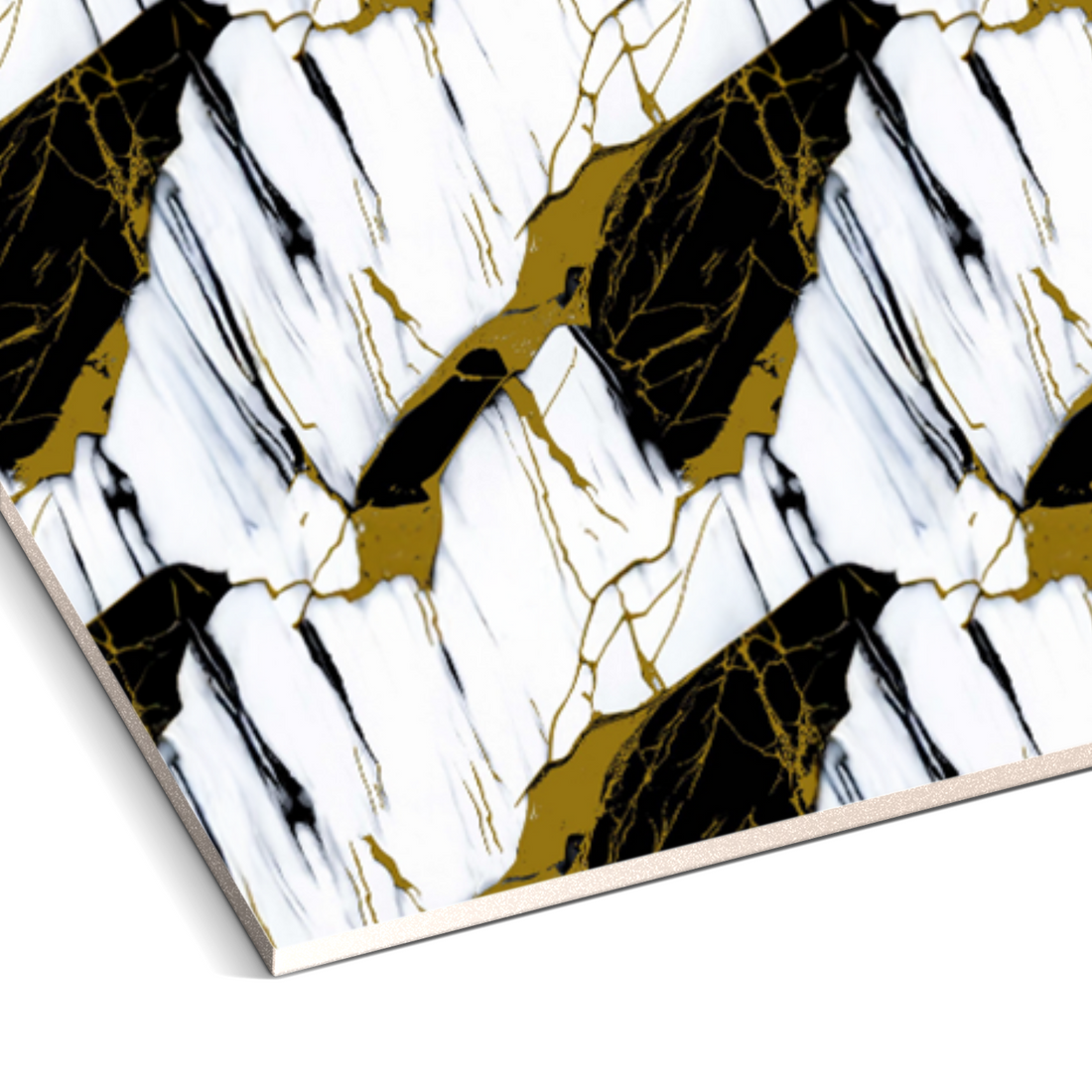 The Oblique Noir Marble Durable PVC Wall from Landmark Decor features diagonal black, white, and gold marble-like streaks with a textured finish—perfect for elegant wall accents or column cladding.