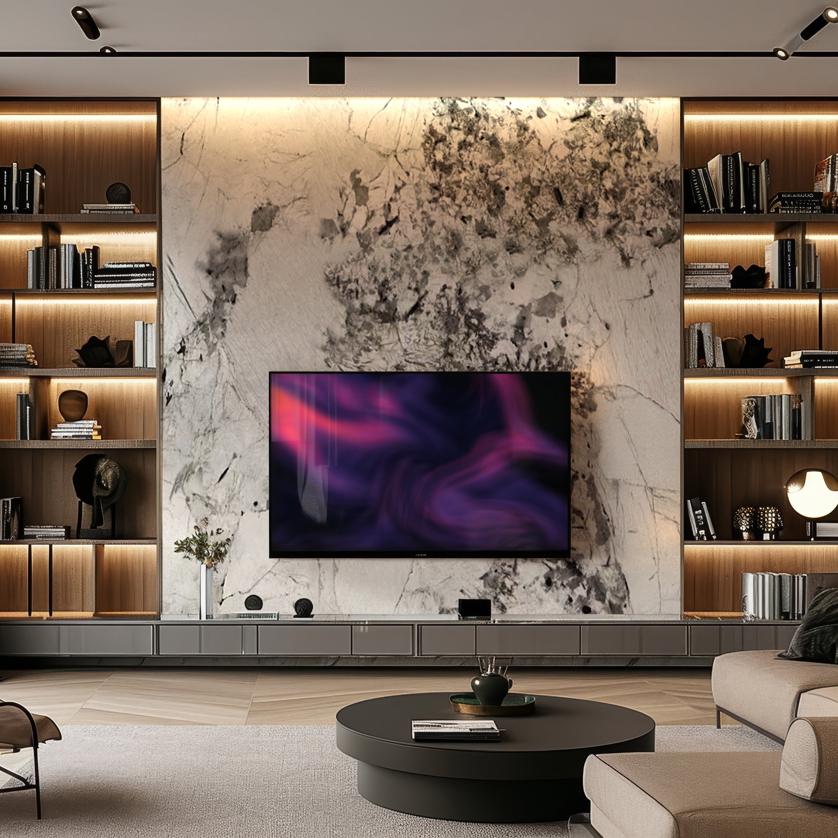 Modern living room featuring a wall-mounted TV on Landmark Decor’s Winter Moss Marble Durable PVC Wall panels, built-in shelves with books and decor, plus a round coffee table in front.
