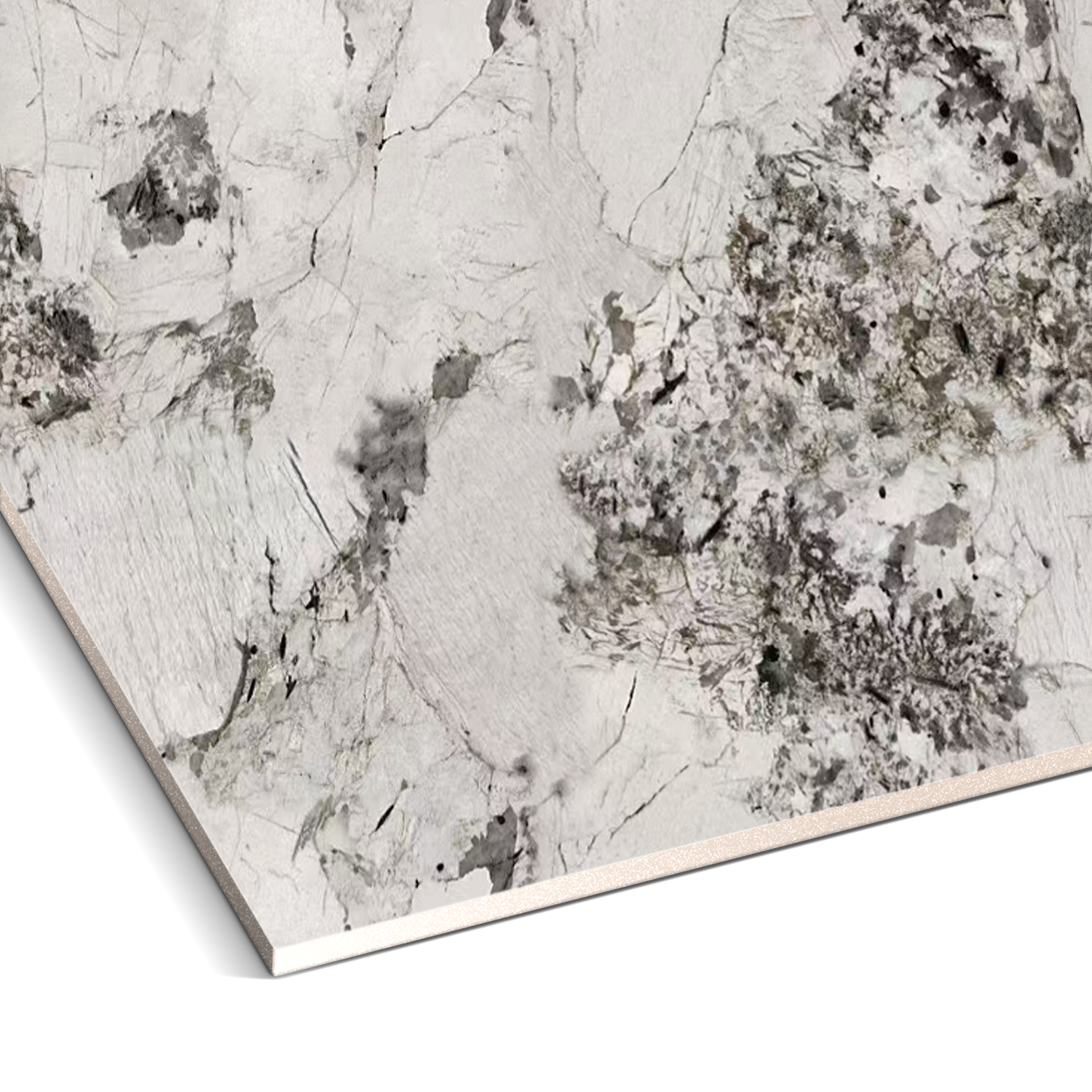 A close-up of Landmark Decor’s Winter Moss Marble Durable PVC Wall shows a light gray and white marbled surface with dark gray and black mineral patterns, ideal for decorative wall panels or modern marble cladding.