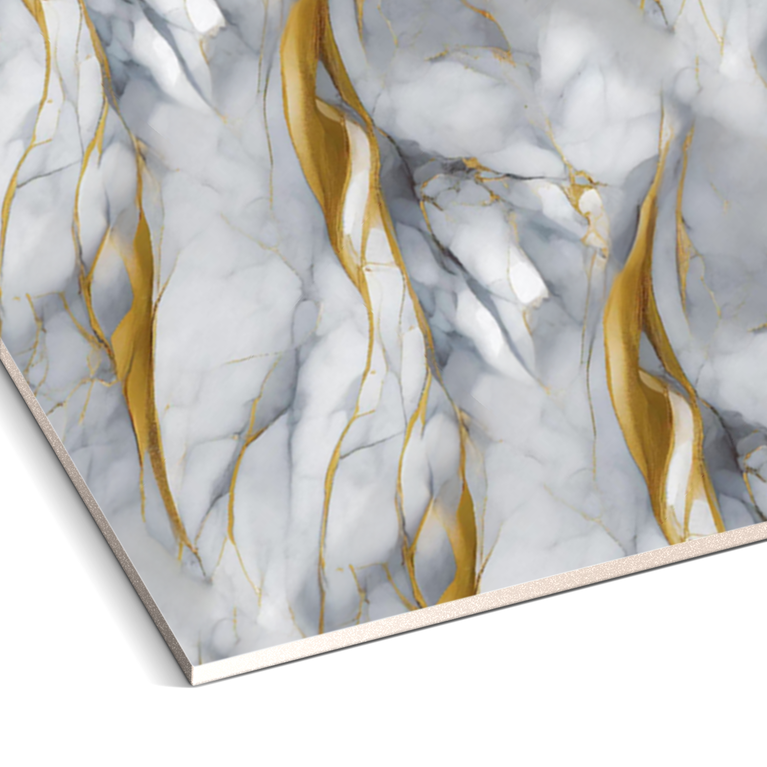 A close-up of Landmark Decor's Golden Vein Marble Durable PVC Wall showcases a white marble pattern with gold and gray veining—ideal for decorative wall panels or PVC marble wall panels to add a sleek, modern touch to any space.