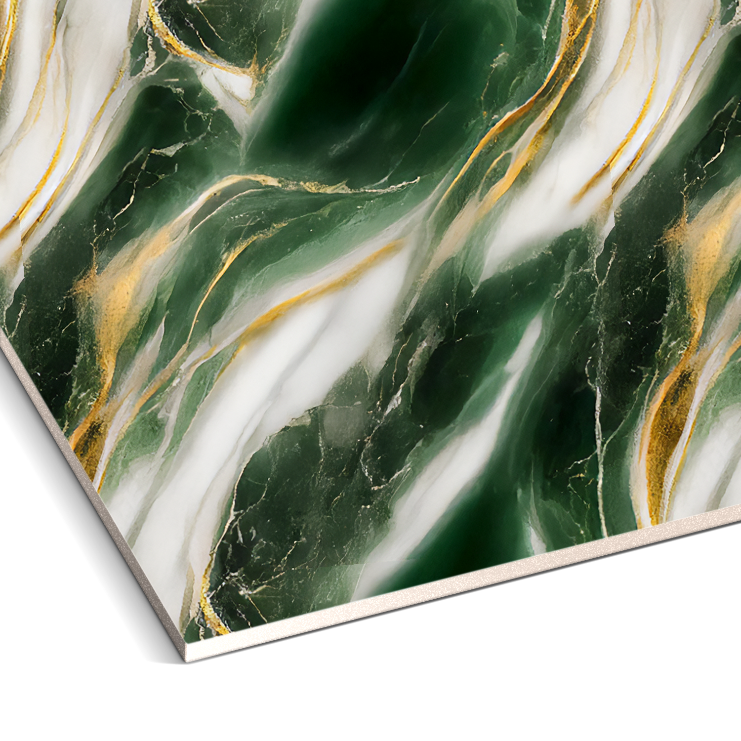 Emerald Blaze Marble Durable PVC Wall by Landmark Decor features a green, white, and gold marbled pattern with swirling lines—ideal for stylish decorative panels or elegant interior wall cladding in modern spaces.