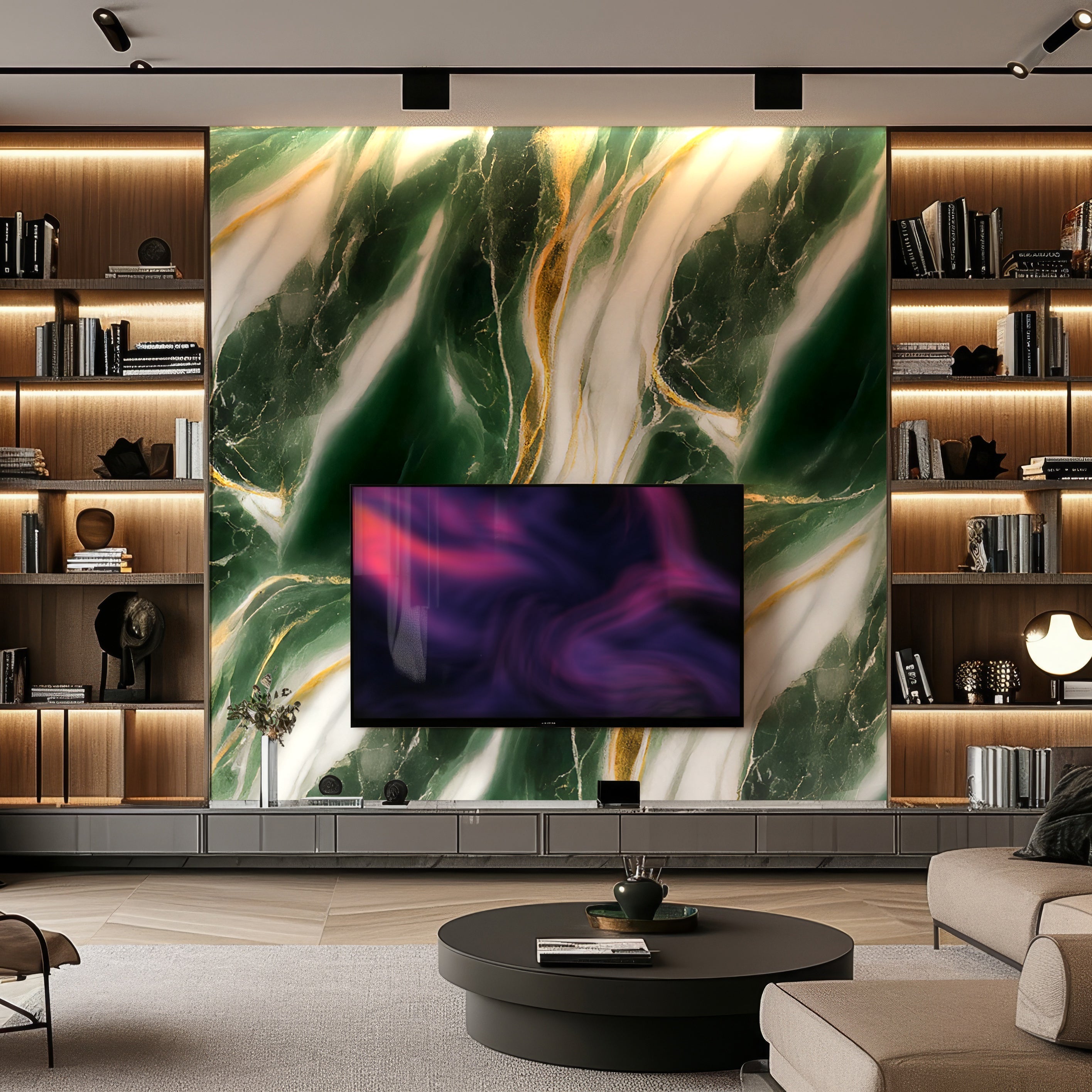 A modern living room features Landmark Decor’s Emerald Blaze Marble Durable PVC Wall panels in green and gold, with built-in shelves, a mounted TV, and a round coffee table for a stylish accent wall.