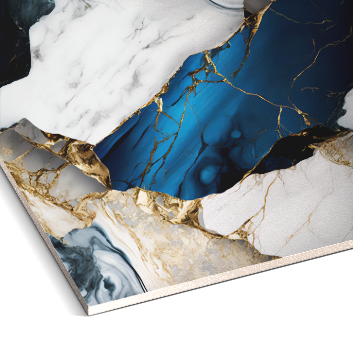 Close-up of Landmark Decor's Blue Mirage Marble Durable PVC Wall panels, showcasing abstract swirling patterns in blue, white, black, and gold with a textured, marble-like finish.