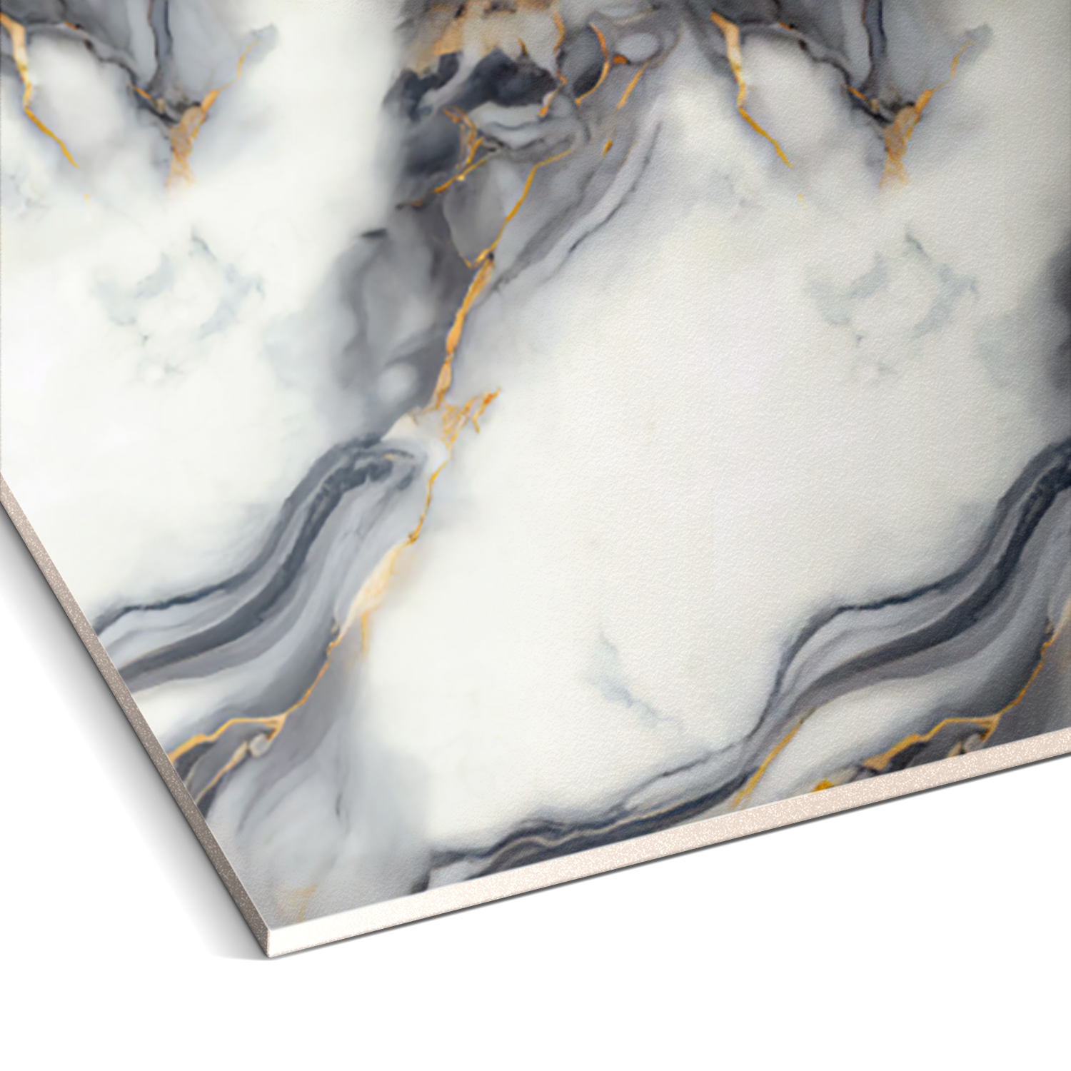 A close-up of Landmark Decor’s Cloudstone Stream Marble Durable PVC Wall showing gray, white, and gold marble veining, evoking the look of luxurious marble wall cladding or decorative panels.