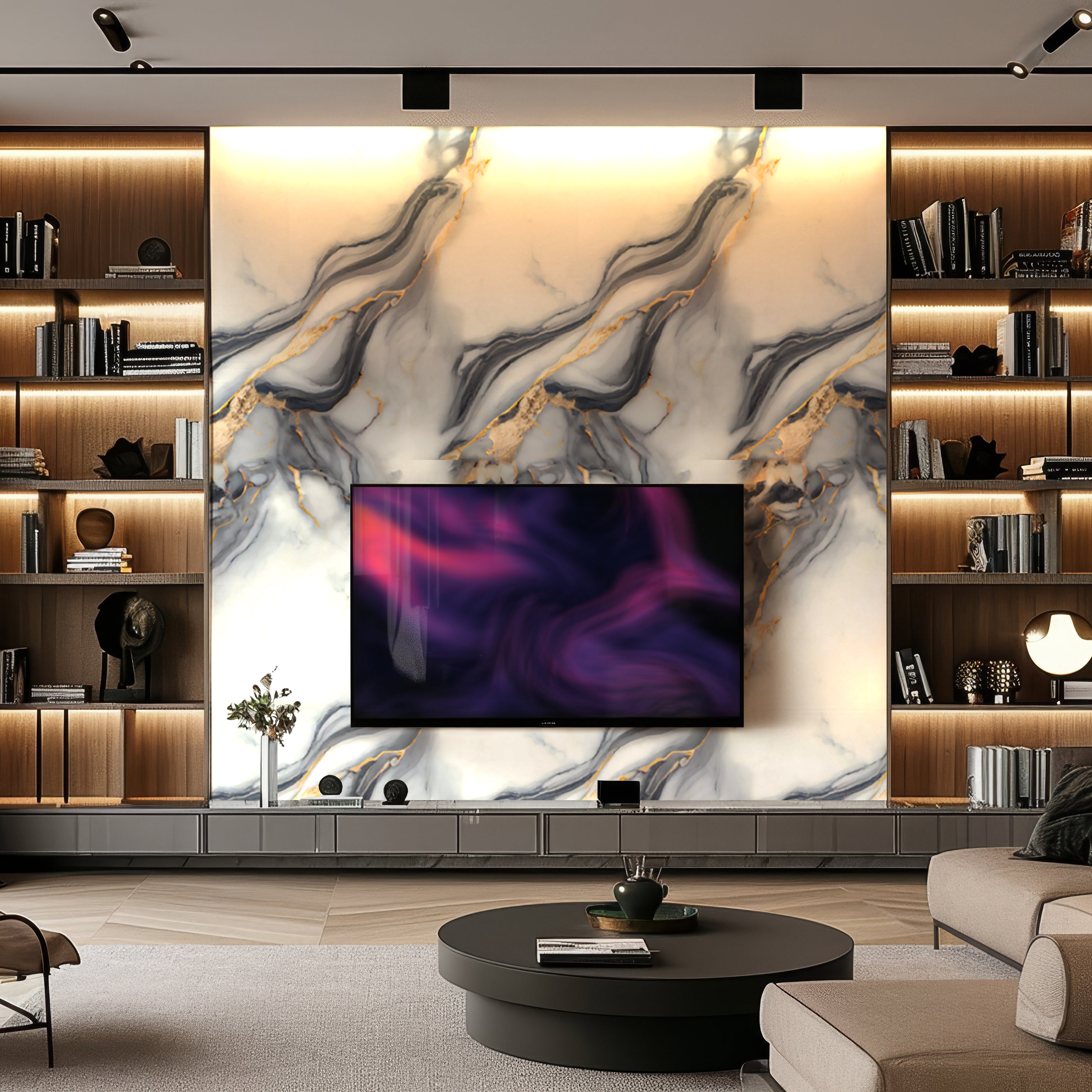 Modern living room with built-in bookshelves, a large TV mounted on Landmark Decor’s Cloudstone Stream Marble Durable PVC Wall, warm lighting, and a round coffee table in the center.