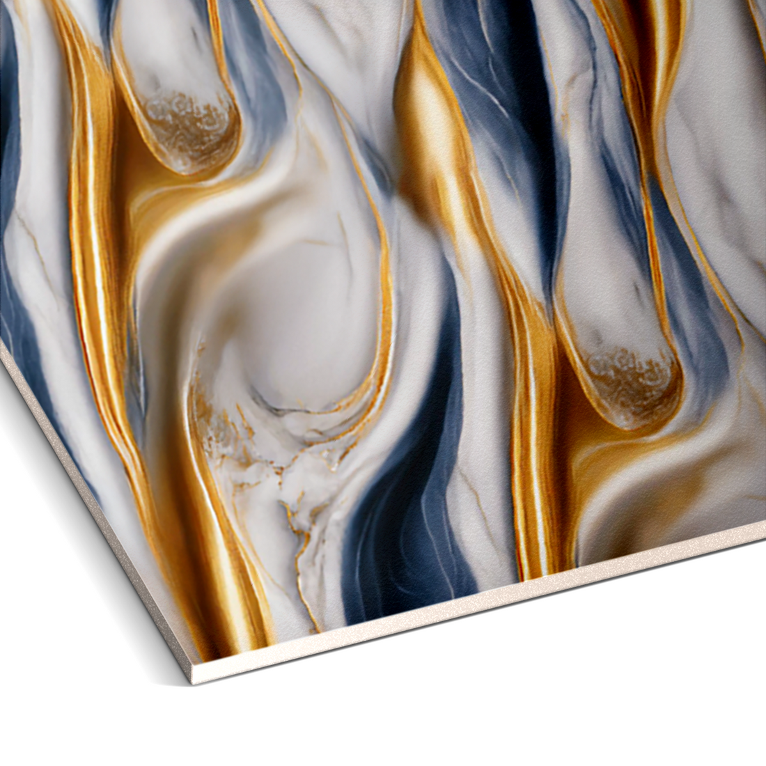 The Royal Tide Marble Durable PVC Wall by Landmark Decor exudes luxurious aesthetics with its abstract design of flowing dark blue, white, and gold bands, evoking a high-end marble texture.