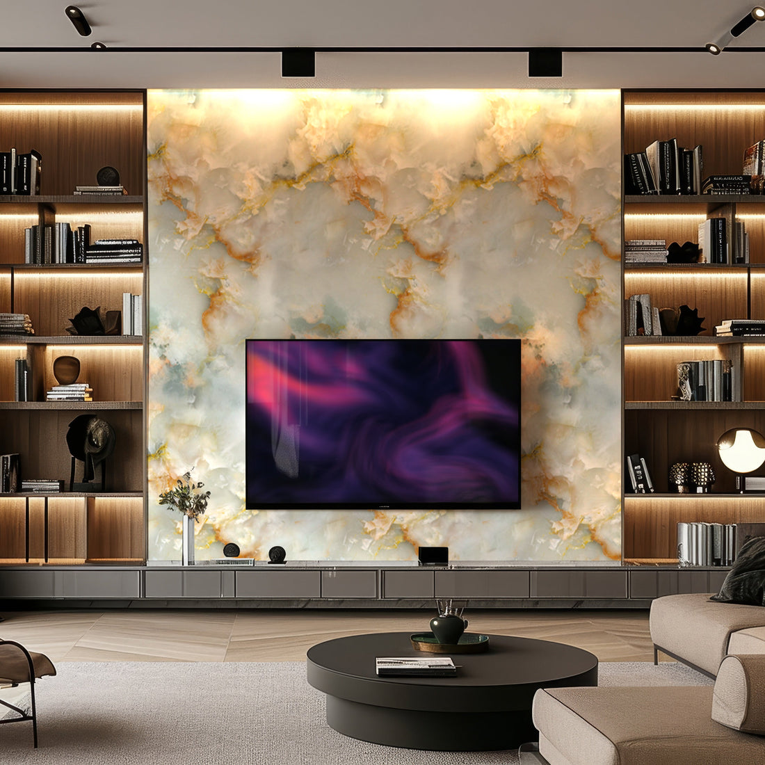 A modern living room features a large TV on a wall adorned with Landmark Decors Arctic Noir Marble Durable PVC Wall, offering resilient solutions with luxurious aesthetics. Wooden shelves filled with books and decor surround it, while a round coffee table sits at the center.