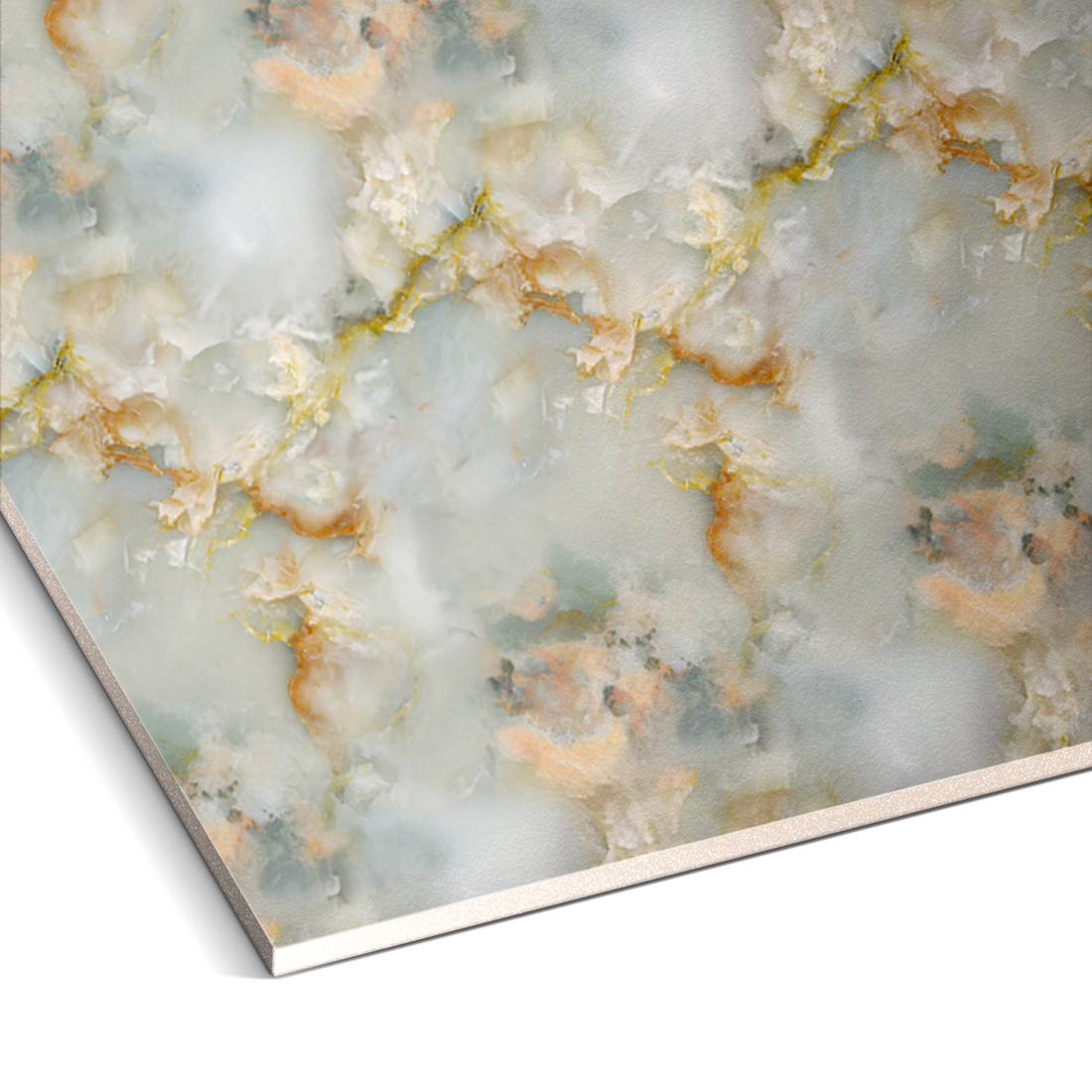 A detailed view of a marble surface showcases white, brown, and gray patterns with diagonal gold veins. This design mirrors the luxurious look of Peach Quartz Marble Durable PVC Wall panels from Landmark Decor, offering a sophisticated and durable interior solution.