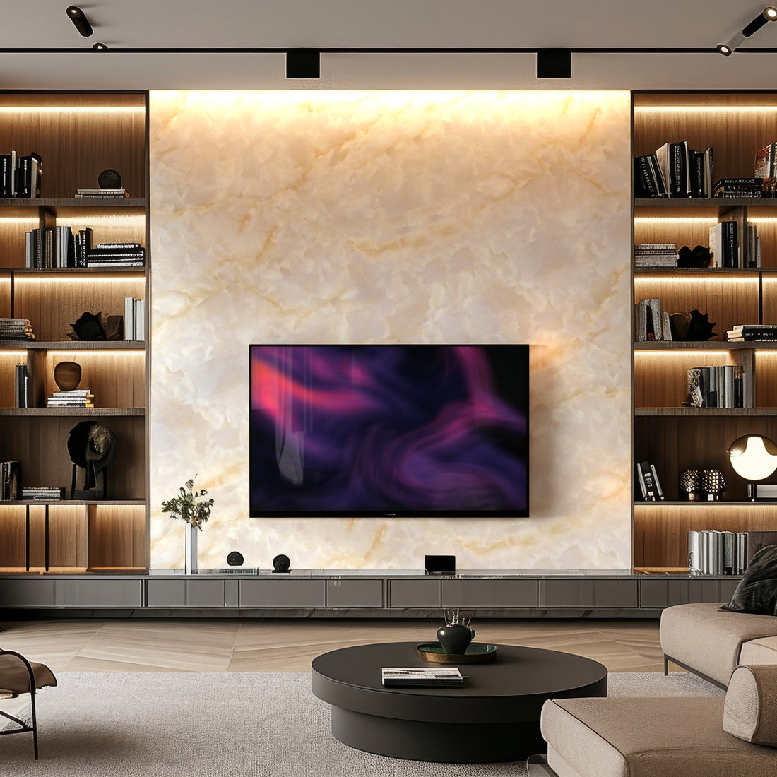 A modern living room features a large marble accent wall with Landmark Decor’s Luxe Shine Marble Durable PVC Wall panels, a mounted TV, built-in shelving, elegant decor accents, and a round coffee table in front.