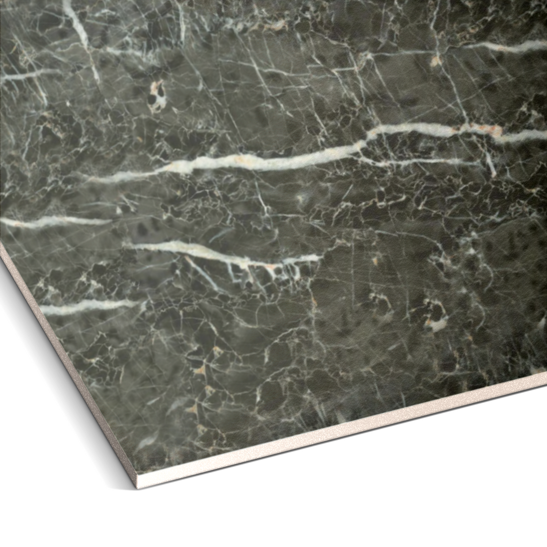 Close-up of Landmark Decor’s Midnight Contrast Marble Durable PVC Wall shows its dark, marble-like surface with white veining from an angled view—perfect for use as stylish decorative PVC wall panels.