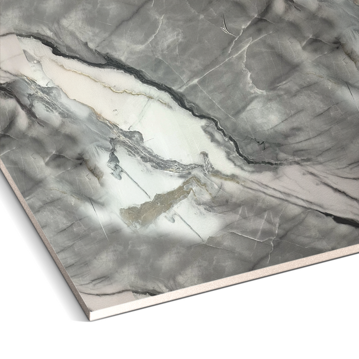 A close-up of the Landmark Decor Obsidian Vein Marble Durable PVC Wall shows its gray marble look with white and dark veins, perfect for decorative panels or wall panels, displayed at an angle on a white background.