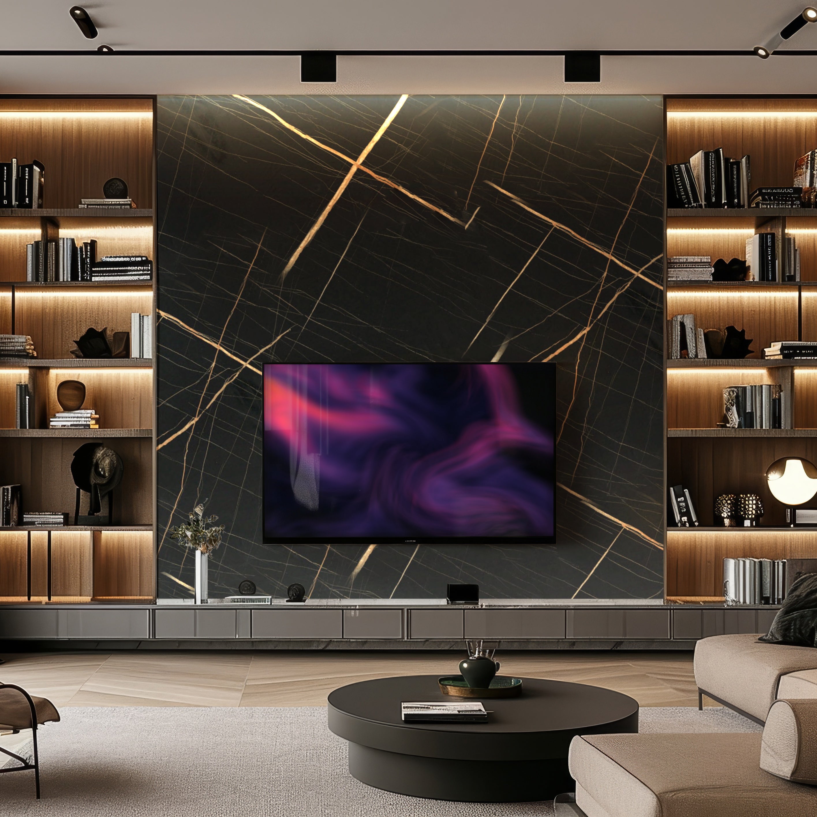 Modern living room featuring a wall-mounted TV on Landmark Decor's Midnight Gold Marble Durable PVC Wall, flanked by built-in bookshelves and highlighted by a round coffee table in the foreground.