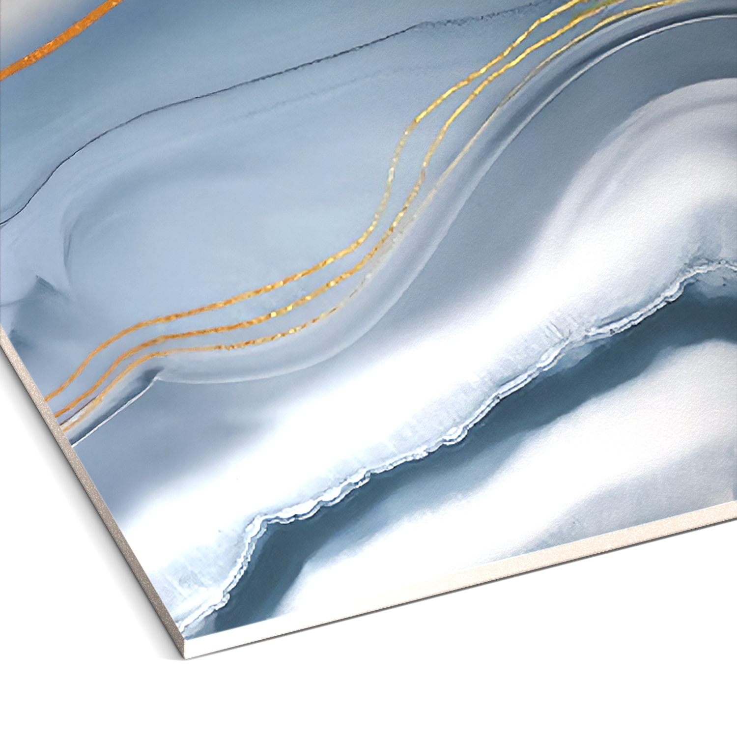 The Azure Drift Marble Durable PVC Wall by Landmark Decor features blue and white wavy patterns with three curved gold lines—ideal for adding a modern accent to decorative wall panels or complementing marble wall cladding.