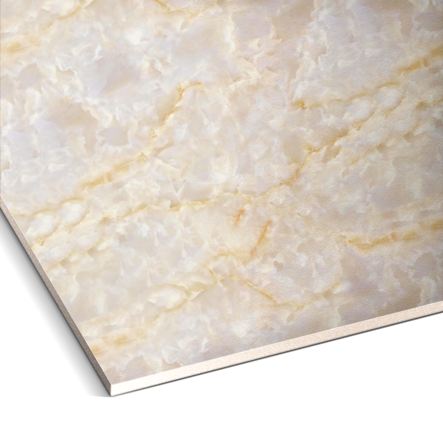 Close-up of the Luxe Shine Marble Durable PVC Wall by Landmark Decor, showcasing its light beige, marble-like surface with subtle veining and glossy finish, photographed angled against a white background.