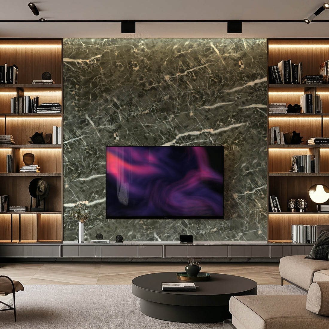 A modern living room features a wall-mounted TV on a large accent wall with Landmark Decor’s Midnight Contrast Marble Durable PVC Wall panels, open shelving with decor, and a round coffee table set on a neutral rug.