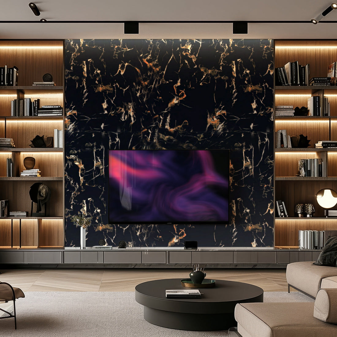 Modern living room featuring a large black marble accent wall made with Landmark Decor's Solar Eclipse Marble Durable PVC Wall panels, wall-mounted TV, built-in wooden shelves with decor, and recessed lighting.