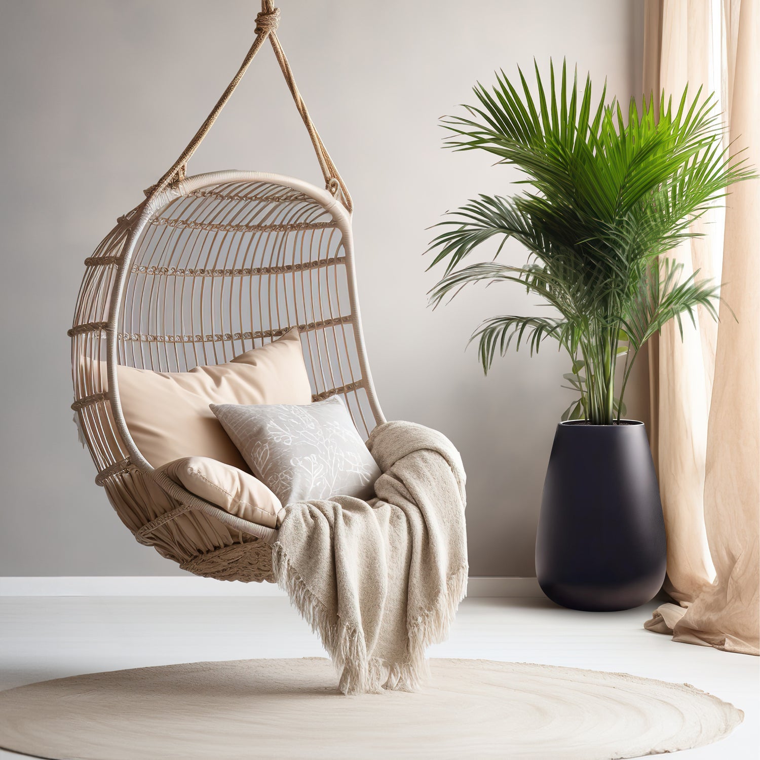 A hanging wicker chair with cushions and a blanket sits beside a large potted palm in the Ombra di Obsidiana Planter by Landmark Decor. Handmade planters and soft lighting enhance the cozy, minimalist interior, seamlessly blending luxury with nature.