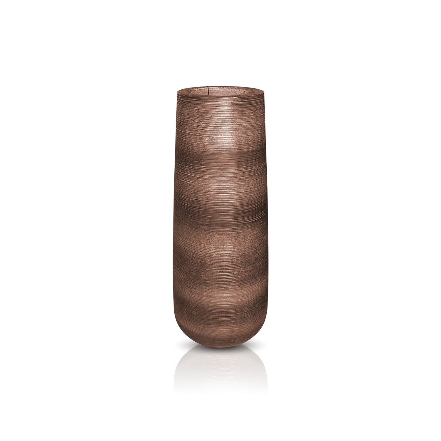The Artisan Luxe Planter - Large by Landmark Decor is a handmade, tall brown cylindrical vase with a textured surface. Its slightly curved shape and subtle horizontal line pattern reflect light beautifully, blending luxury and nature seamlessly against a white backdrop.