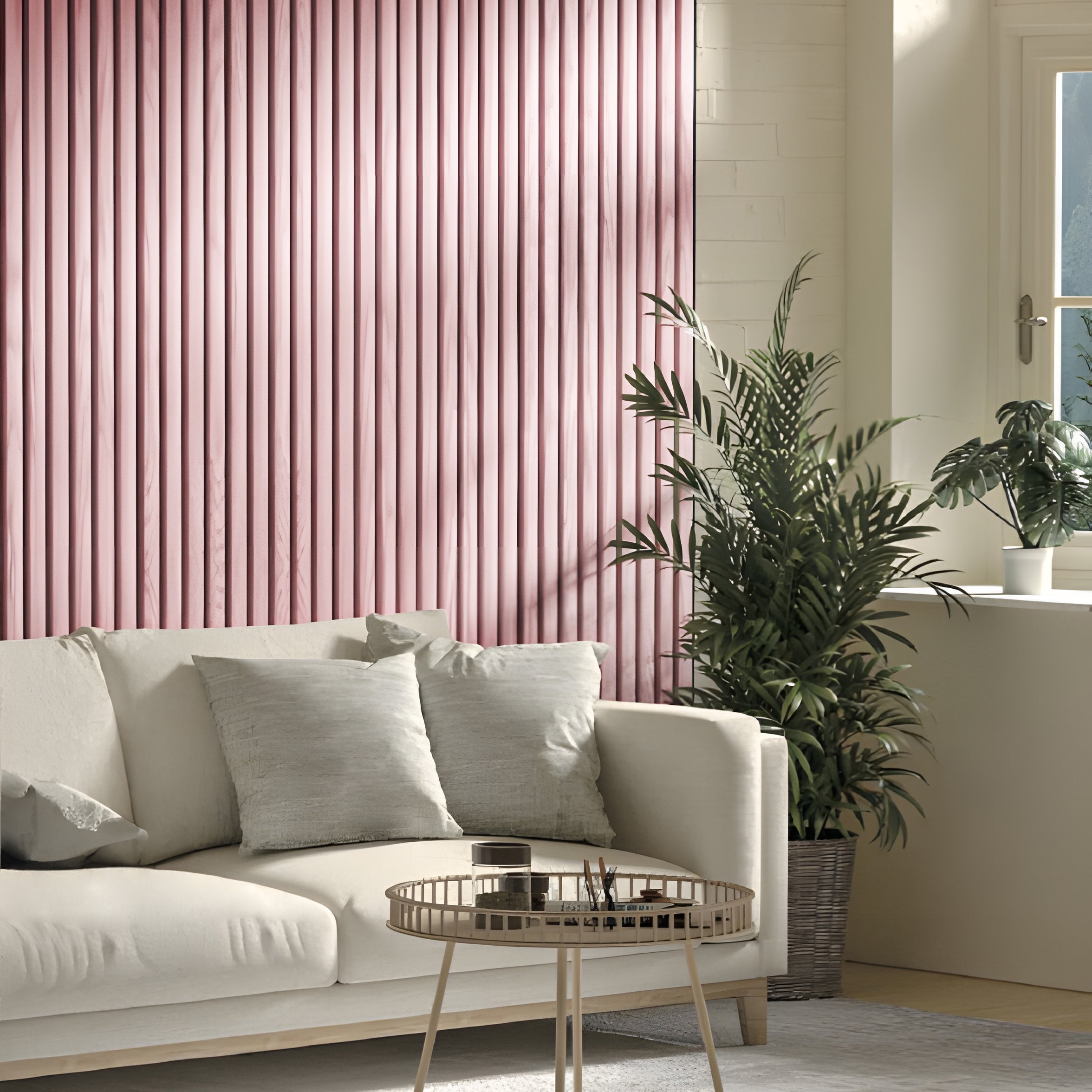 A modern living room with a cream sofa, light cushions, round coffee table, potted plants, and an accent wall by the window featuring Landmark Decor's Pink WPC Fluted Slat Wall Panel.