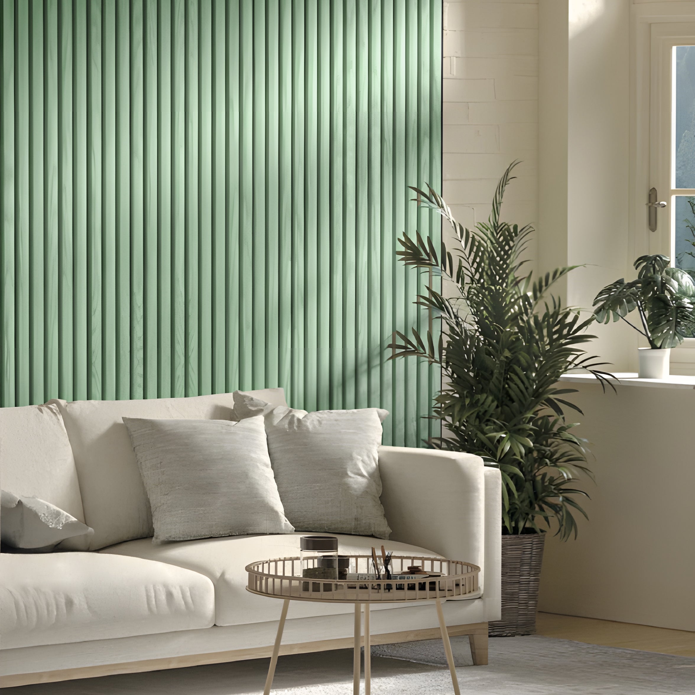 A modern living room features a cream sofa, neutral cushions, round table, potted plants, and Landmark Decor's Mint Green WPC Fluted Slat Wall Panel as an eye-catching accent. Sunlight streams in through the window.