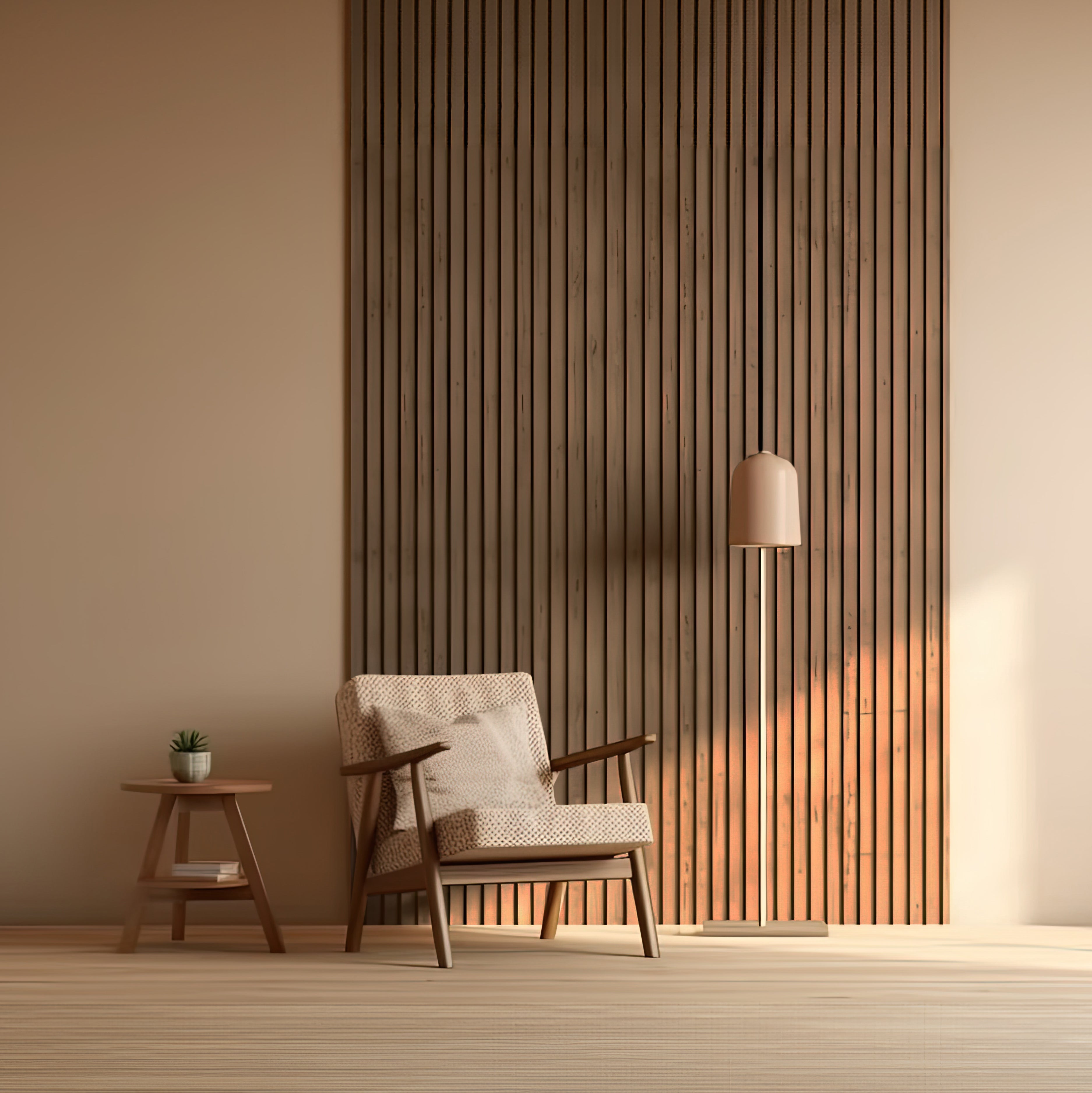 A beige armchair sits by a small wooden side table with a potted plant, set against Landmark Decor's Dark Walnut Wood Texture WPC Fluted Slat Wall Panel and a floor lamp in this minimalist room.