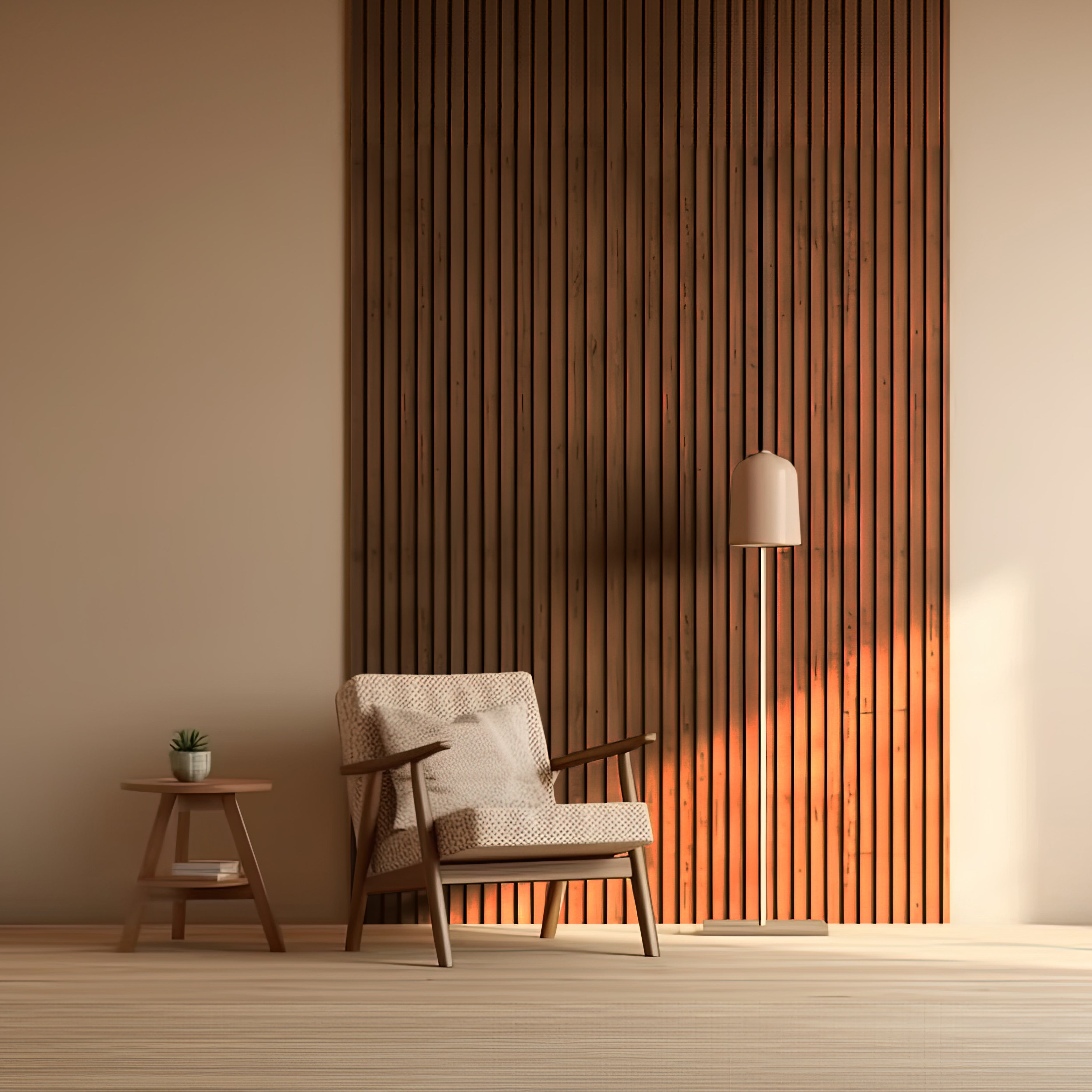 A modern armchair, side table with plant, and floor lamp sit against Landmark Decor’s Red-Brown Fir Wood Texture WPC Fluted Slat Wall Panel in a bright, minimalist room.
