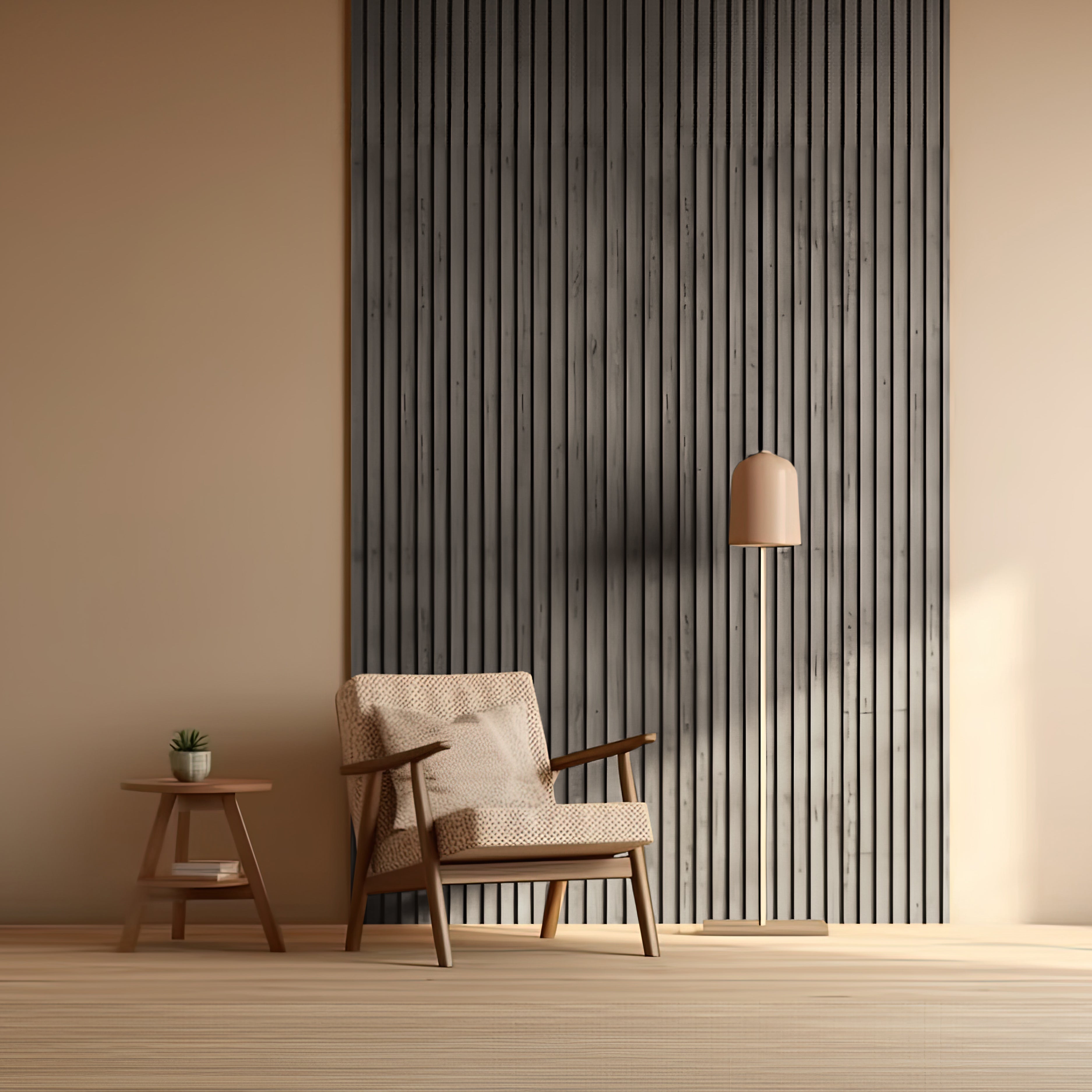 A beige armchair and side table with a plant sit beside a floor lamp, set against Landmark Decor’s Walnut Texture WPC Fluted Slat Wall Panel, creating a minimalist space.