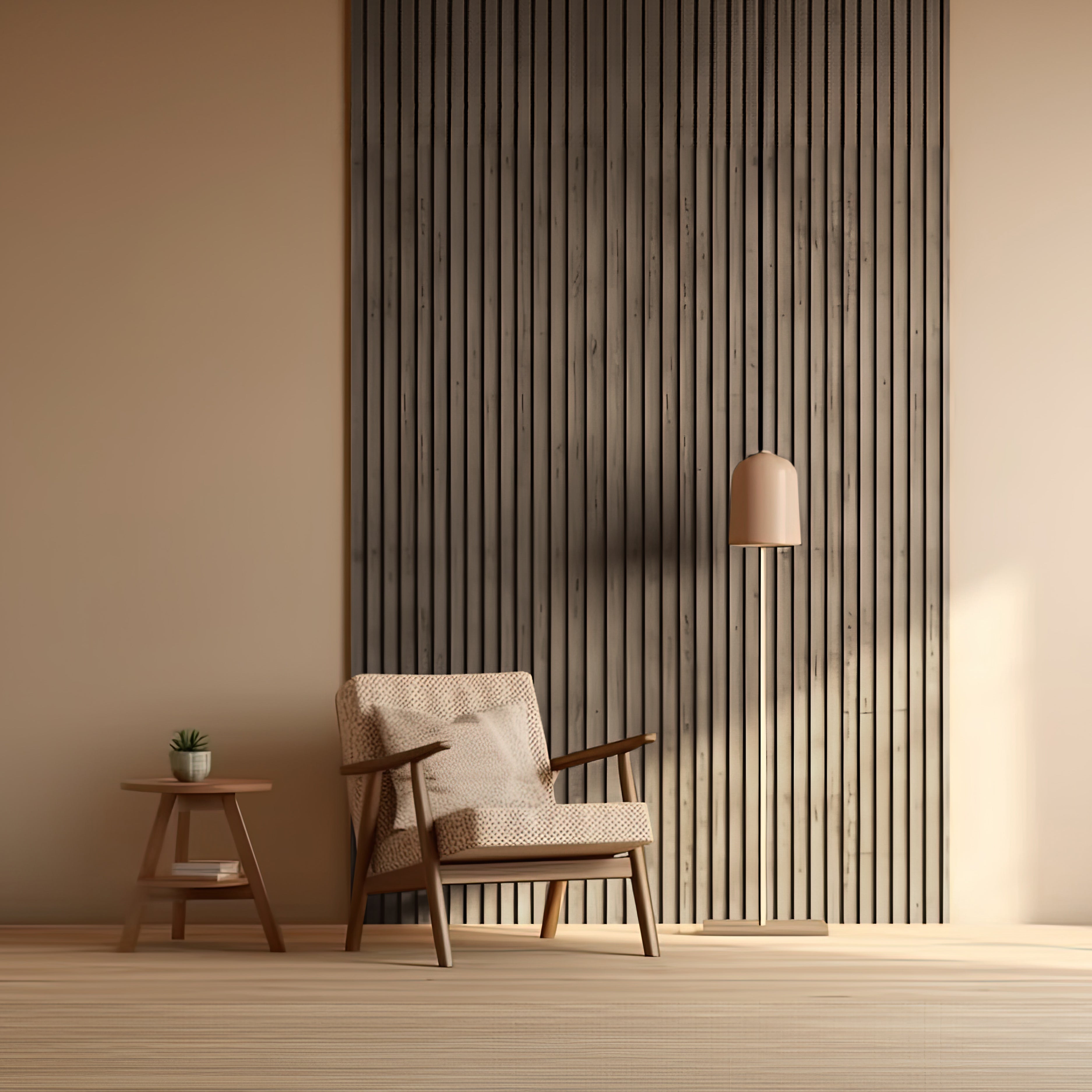 A beige armchair with a patterned cushion sits by a small wooden table and lamp, set against Landmark Decor's Cassia Wood Texture WPC Fluted Slat Wall Panel in a minimalist room.