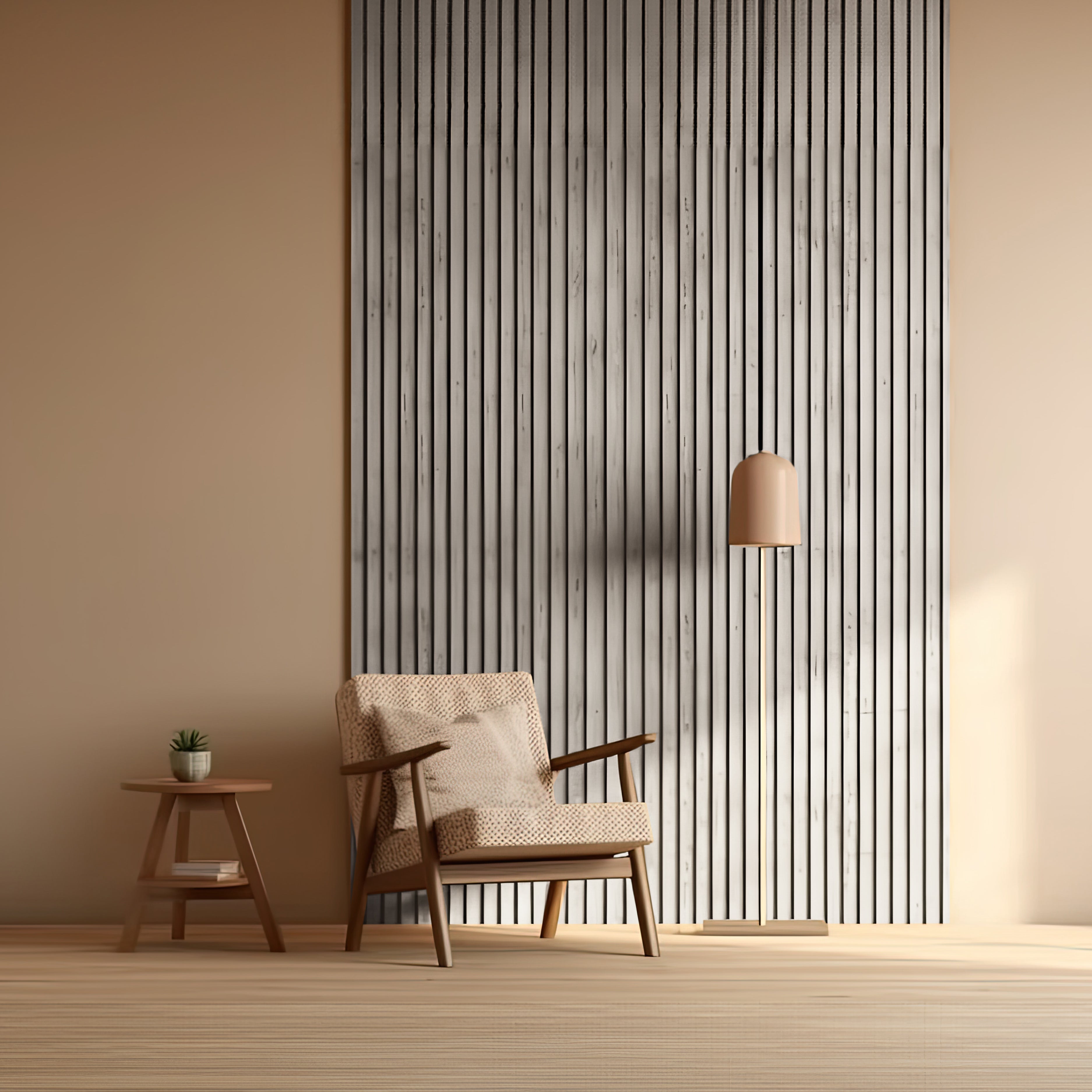 A wooden armchair with a cushion is beside a small side table with a potted plant; vertical Landmark Decor Light Driftwood Texture WPC Fluted Slat Wall Panels and a floor lamp complete the stylish scene.