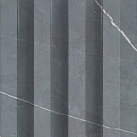 Black Marble WPC Fluted Slat Wall Panel by Landmark Decor features vertical striped shadows and a white diagonal vein—perfect for accent walls or sophisticated wall cladding.