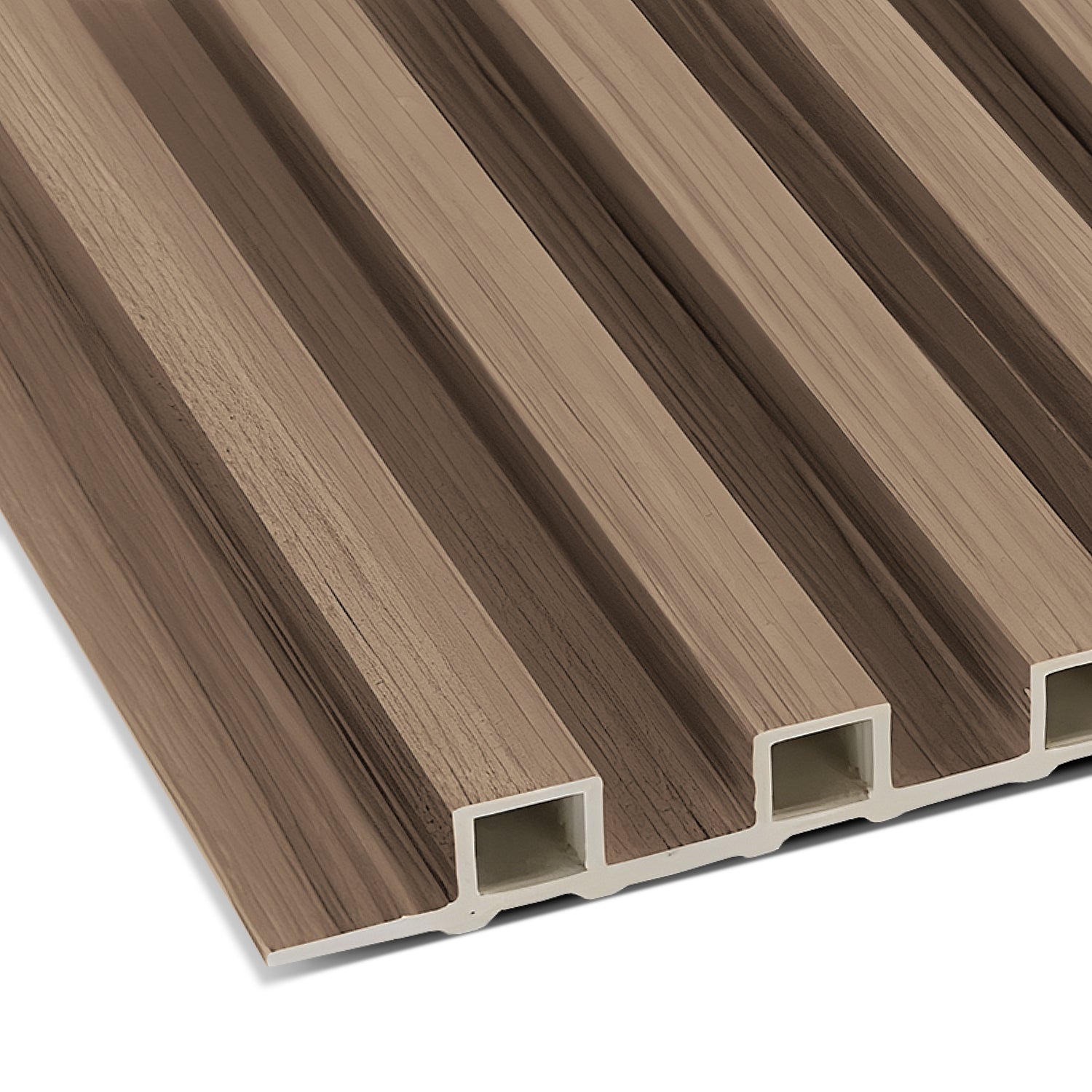 Landmark Decor’s Taupe WPC Fluted Slat Wall Panel features brown, wood-textured slats with white cross-sections and rectangular hollow channels—perfect for stylish wall cladding or accent walls.