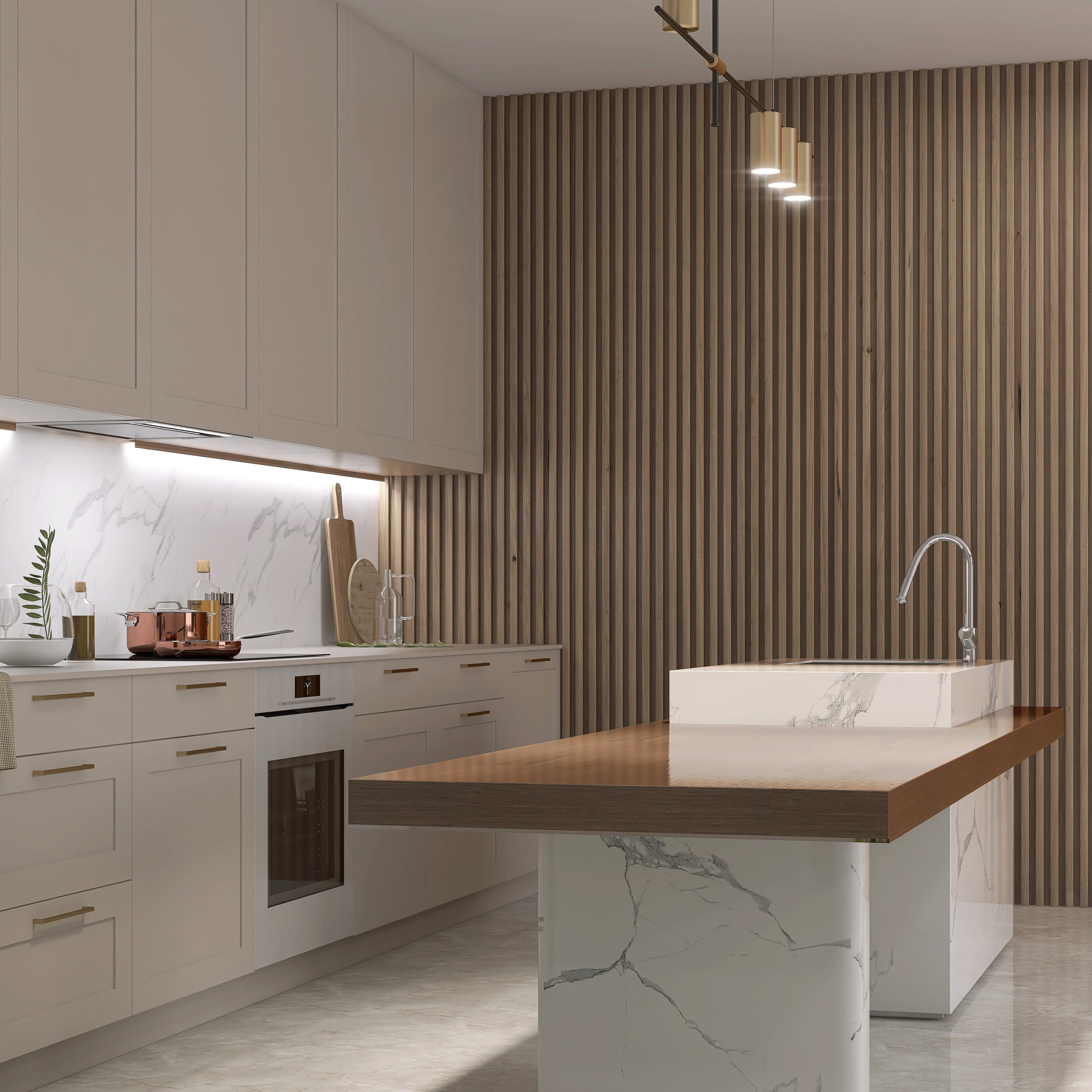 Modern kitchen with white cabinets, marble surfaces, a Taupe WPC Fluted Slat Wall Panel from Landmark Decor as an accent wall, built-in oven, under-cabinet lighting, and a large island featuring a sink and wood countertop.