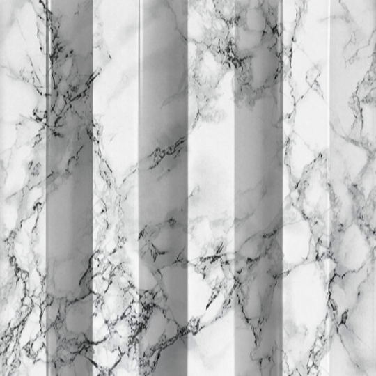 Close-up of Landmark Decor’s White Marble WPC Fluted Slat Wall Panel featuring gray veining and a vertical folded texture, perfect for accent walls or modern cladding, creating alternating light and shadowed effects.