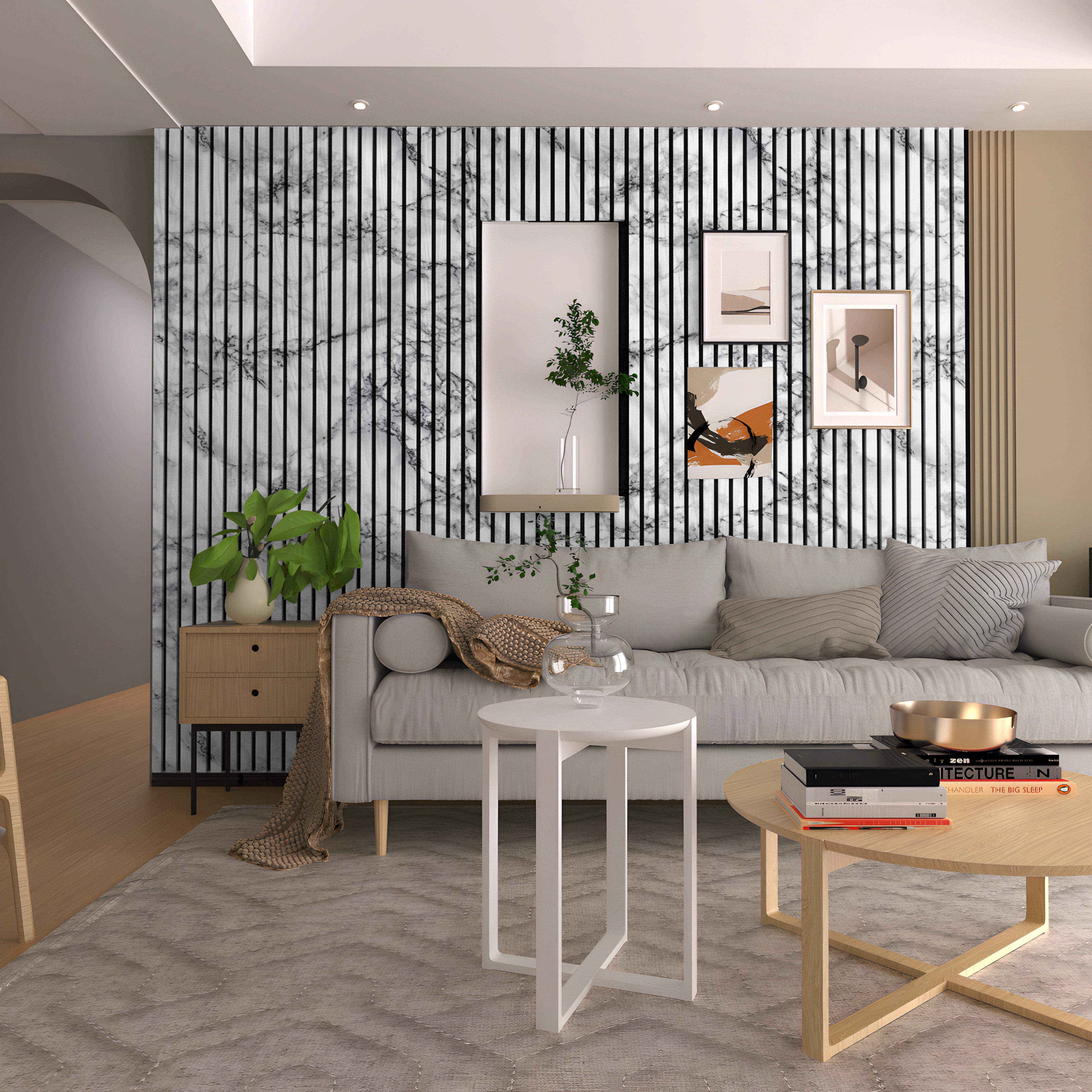 Modern living room featuring a gray sofa, geometric coffee tables, White Marble WPC Fluted Slat Wall Panel by Landmark Decor as a striking accent, wall art, a decorative plant, and a black-and-white striped wall.