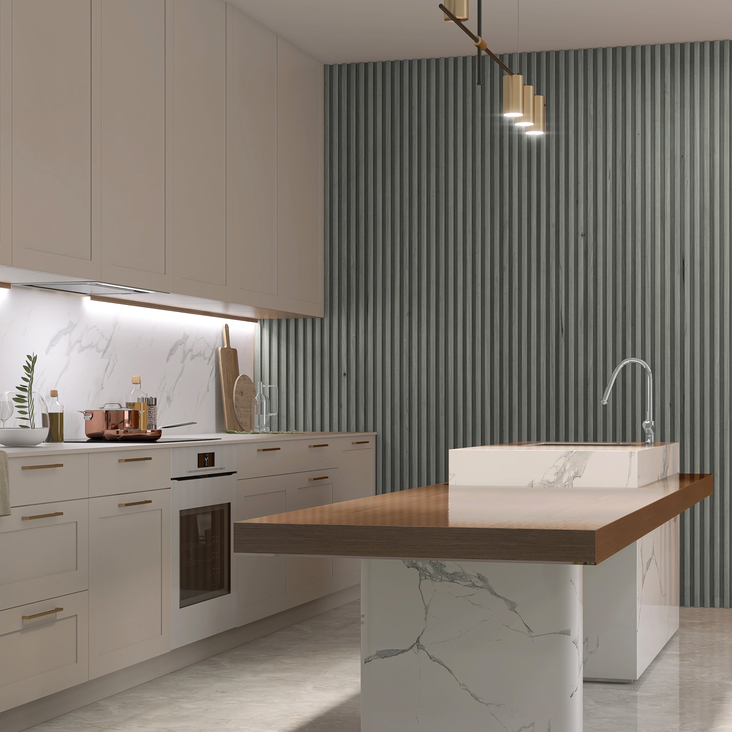 Modern kitchen with white cabinets, marble countertops, a wood-topped island, built-in oven, and an accent wall featuring Landmark Decor Light Gray WPC Fluted Slat Wall Panels under pendant lighting.