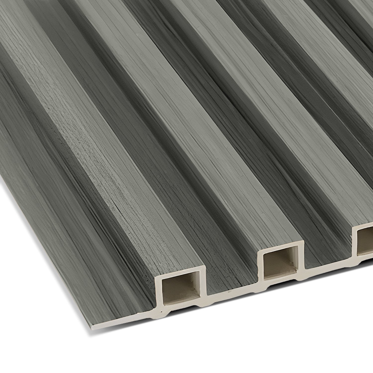 A close-up view of Landmark Decor’s Light Gray WPC Fluted Slat Wall Panel, featuring rectangular hollow channels—ideal for creating modern accent walls.